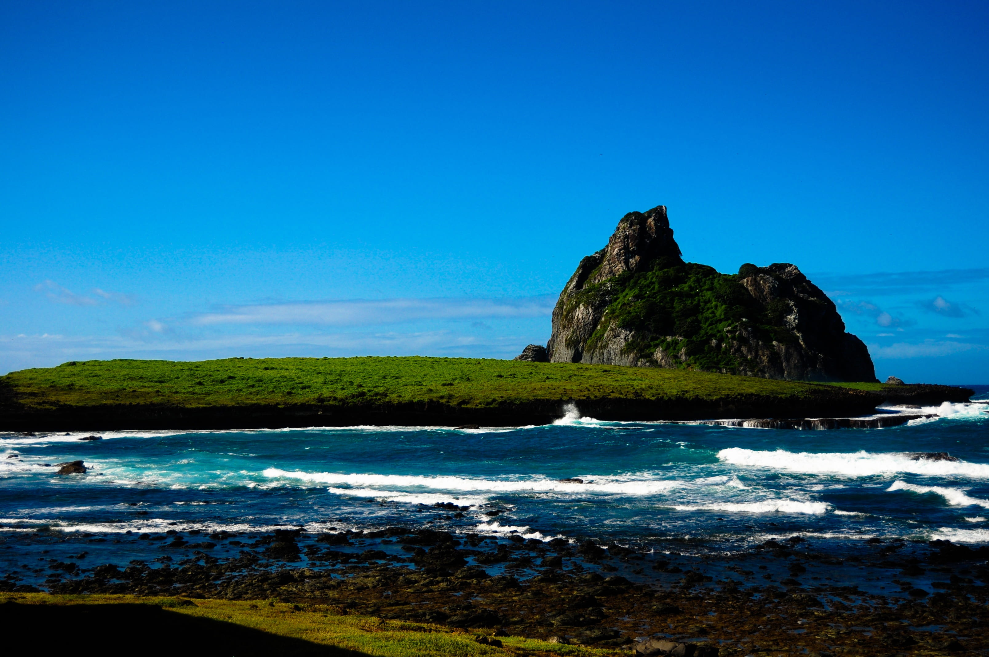 noronha, blue, boat, atlantic ocean, tranquility, mar, scenics - nature, sky, no people, beach, land, rock, sea, 2K, ocean, landscape, outdoors, perfect, HD Wallpaper