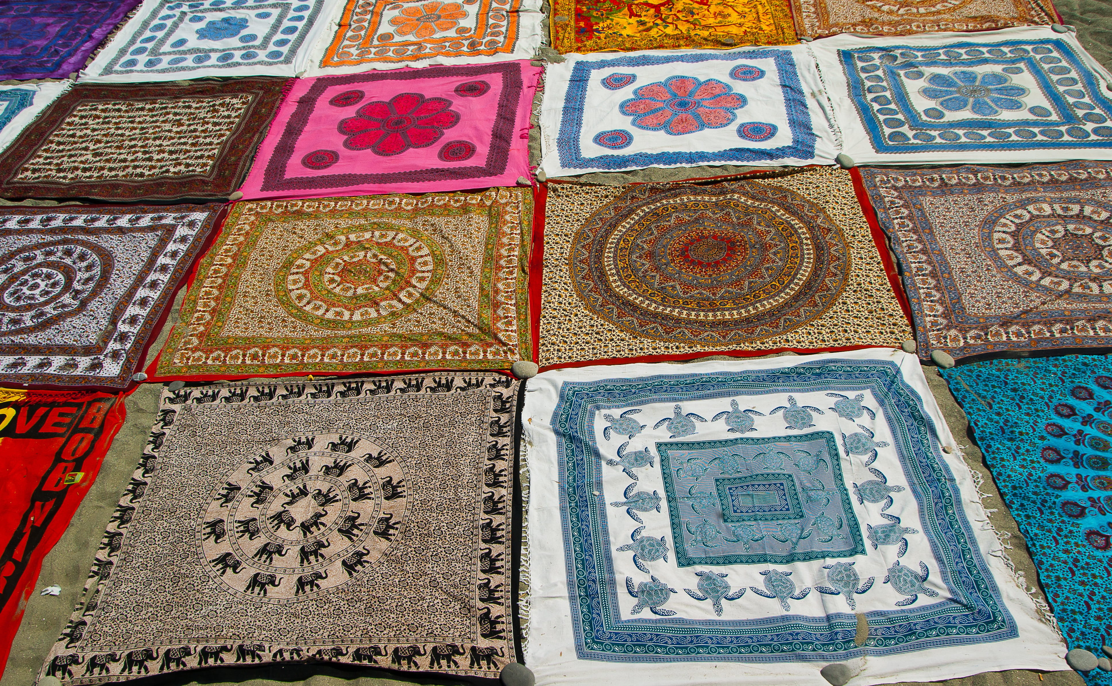 full frame, multi colored, ornate, assorted, day, still life, Fabrics, flooring, religion, close-up, scarf, tiled floor, color, no people, large group of objects, HD Wallpaper