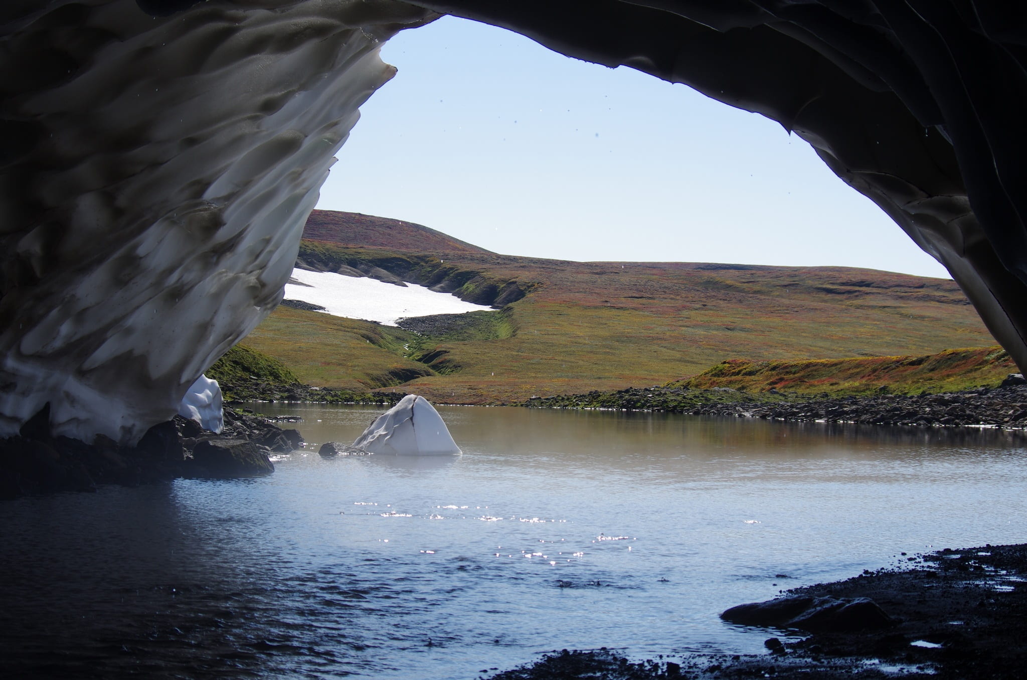 day, remote, environment, outdoors, hole, waterfront, tranquility, non-urban scene, creek, tunnel, 1080P, summer, tranquil scene, snowdrift, kamchatka, HD Wallpaper