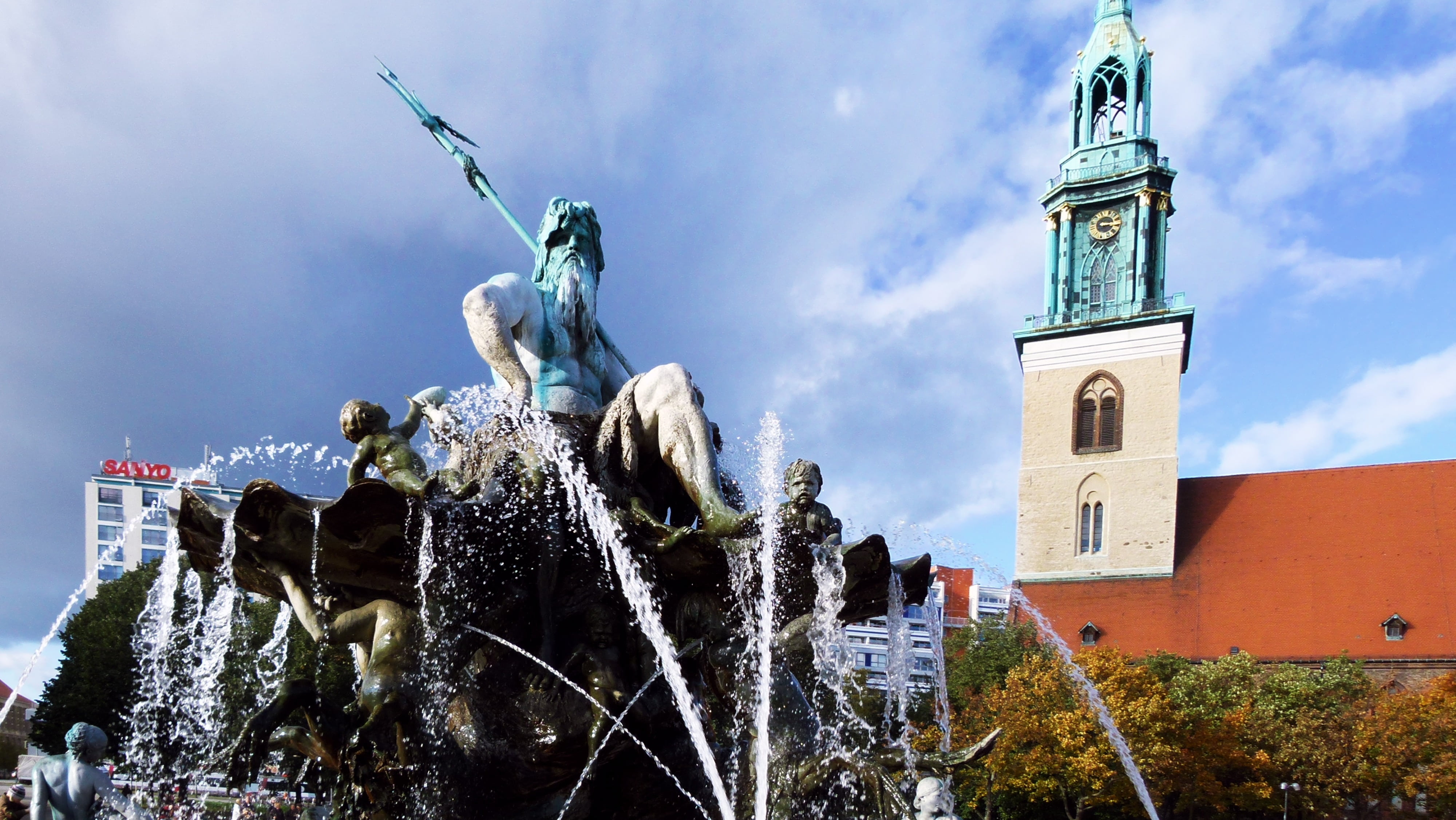 travel, art and craft, nature, berlin, plant, tree, cloud - sky, sea god, stone figure, statue, sky, project parzival fountain construction, building, representation, HD Wallpaper
