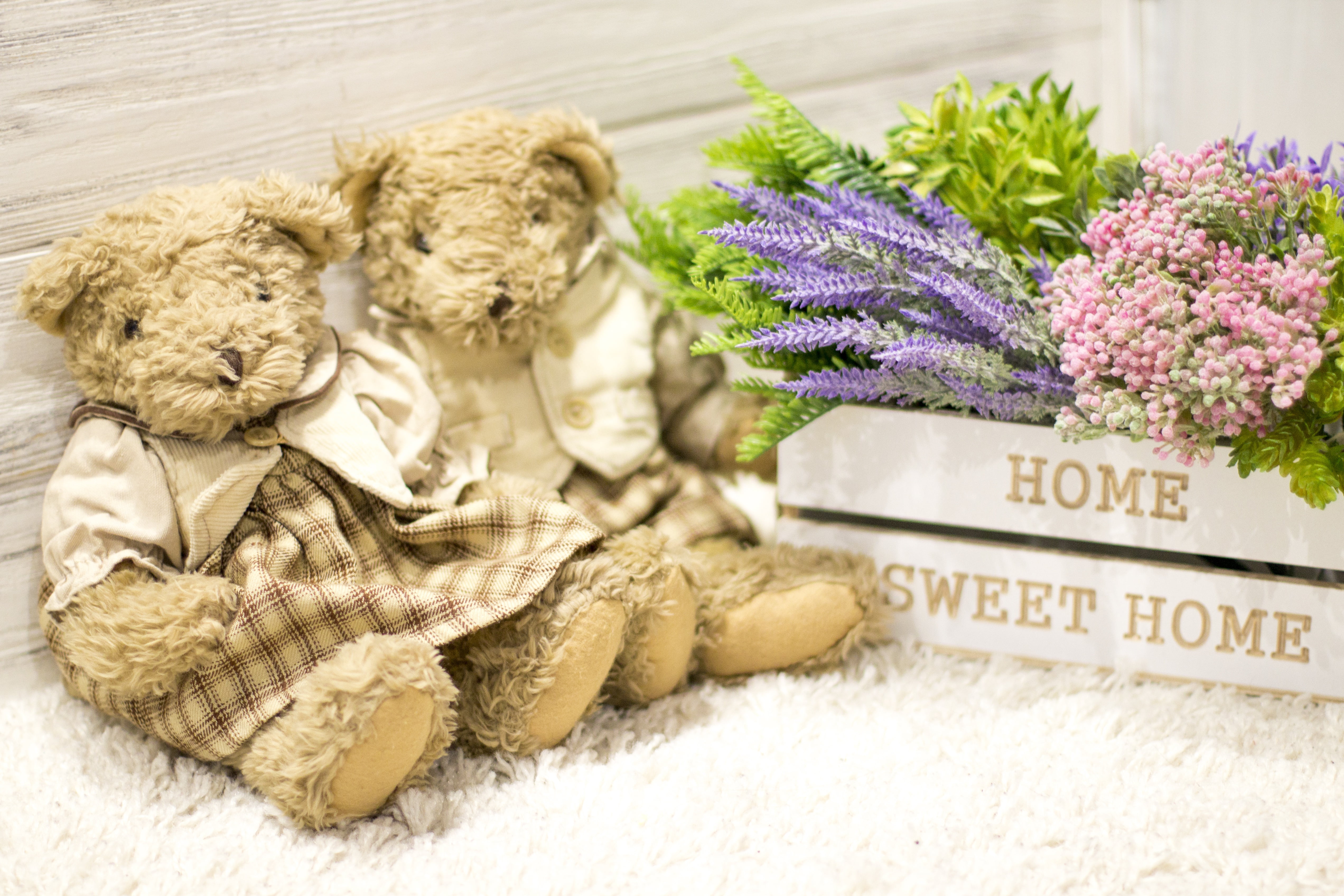 sweet, 4K, teddy, couple, romantic, home, bouquet, bear, toy, pair, love, wood, flowers, HD Wallpaper