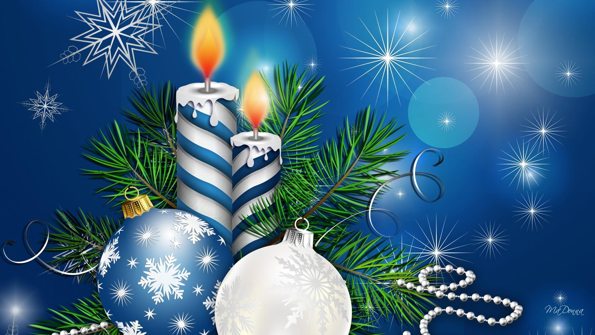 stars, glow, bright, new years, decorations, candle, beads, cle, snowlfakes, glitter, blue, bough, christmas, 1080P, spruce, HD Wallpaper