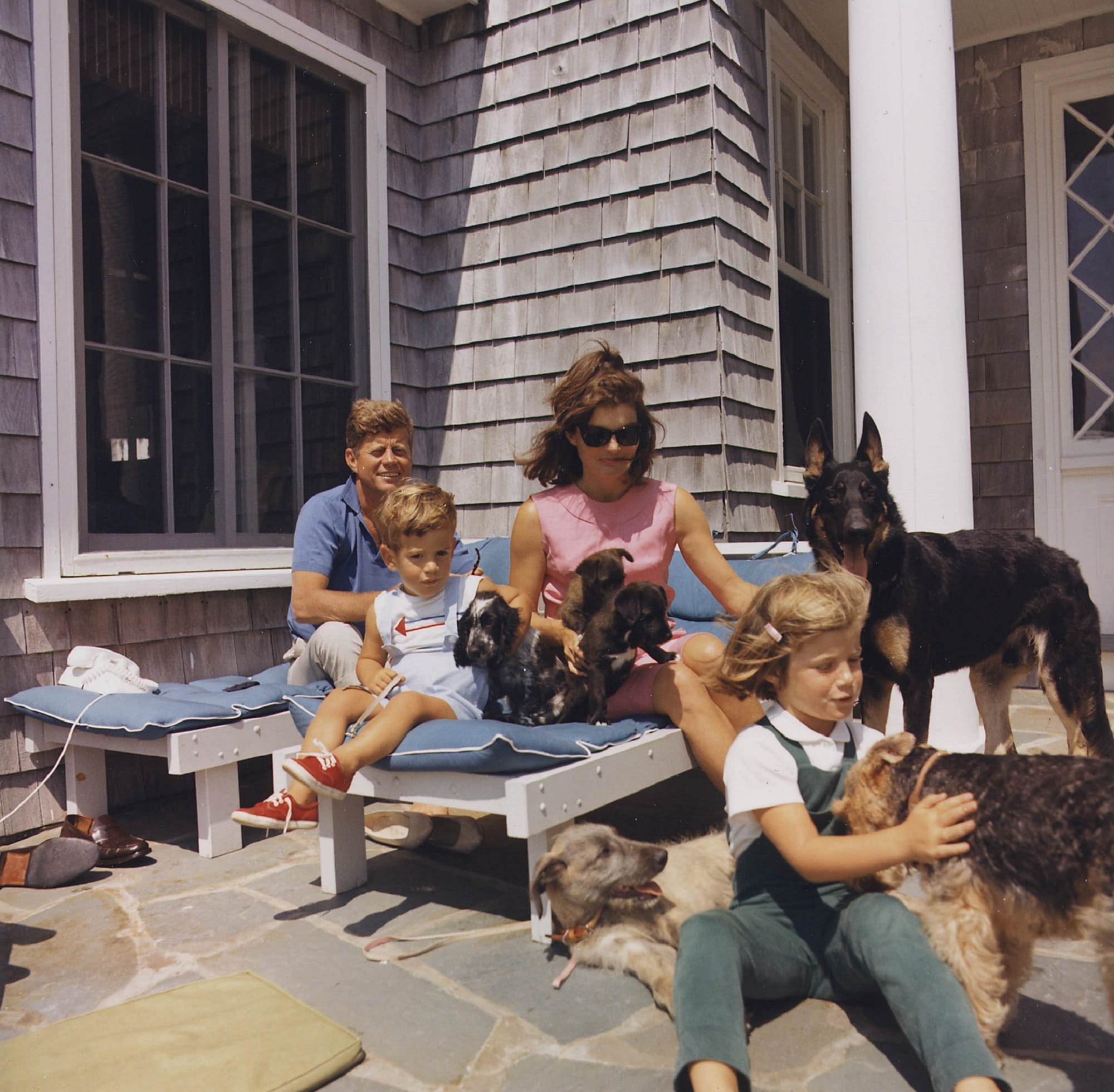 architecture, jacqueline, built structure, men, group of people, domestic animals, patio, adult, 35th president, usa, people, dog, canine, young adult, HD Wallpaper