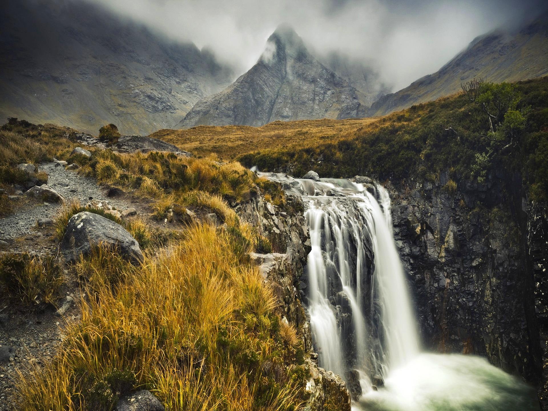 falls, mist, falling, water, fall, calm, field, nice, clouds, waterfall, mountain, beautiful, 1080P, grass, lovely, HD Wallpaper