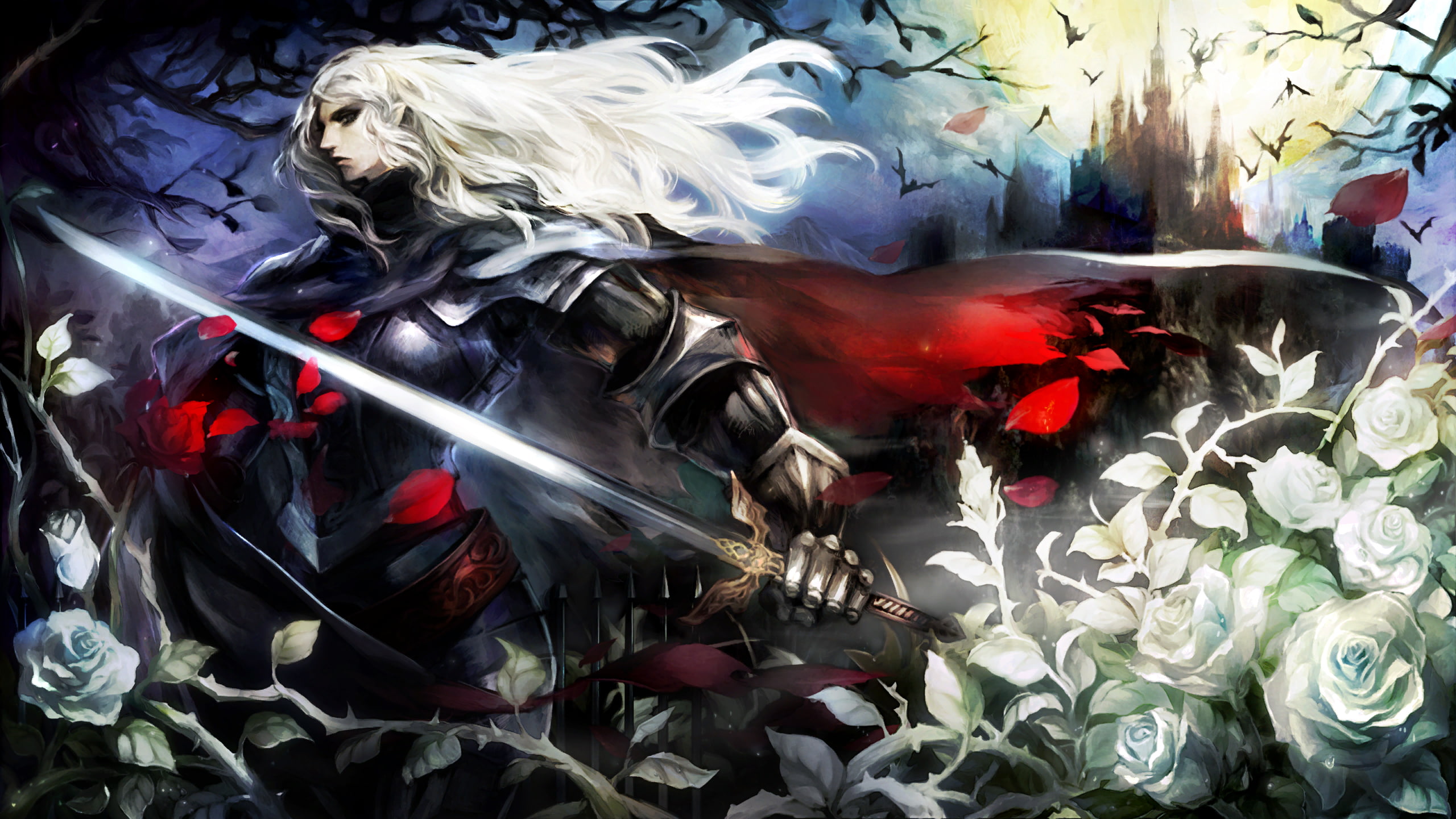 warrior, 2K, long hair, sword, flowers, fantasy art, Dragons Crown, rose, HD Wallpaper