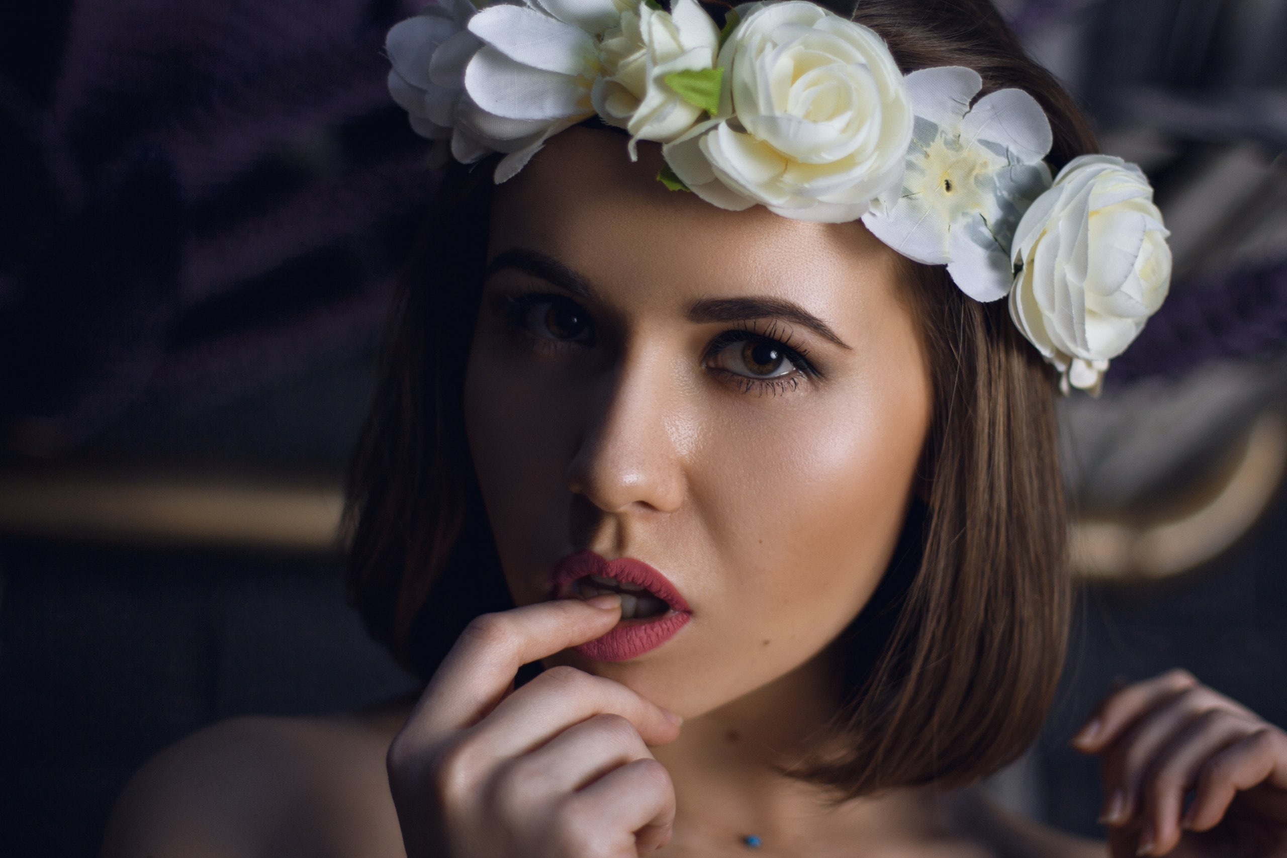 plant, women, contemplation, Katerina Prist, headshot, focus on foreground, face, indoors, bricks, make-up, portrait, glamour, one person, human face, finger on lips, HD Wallpaper