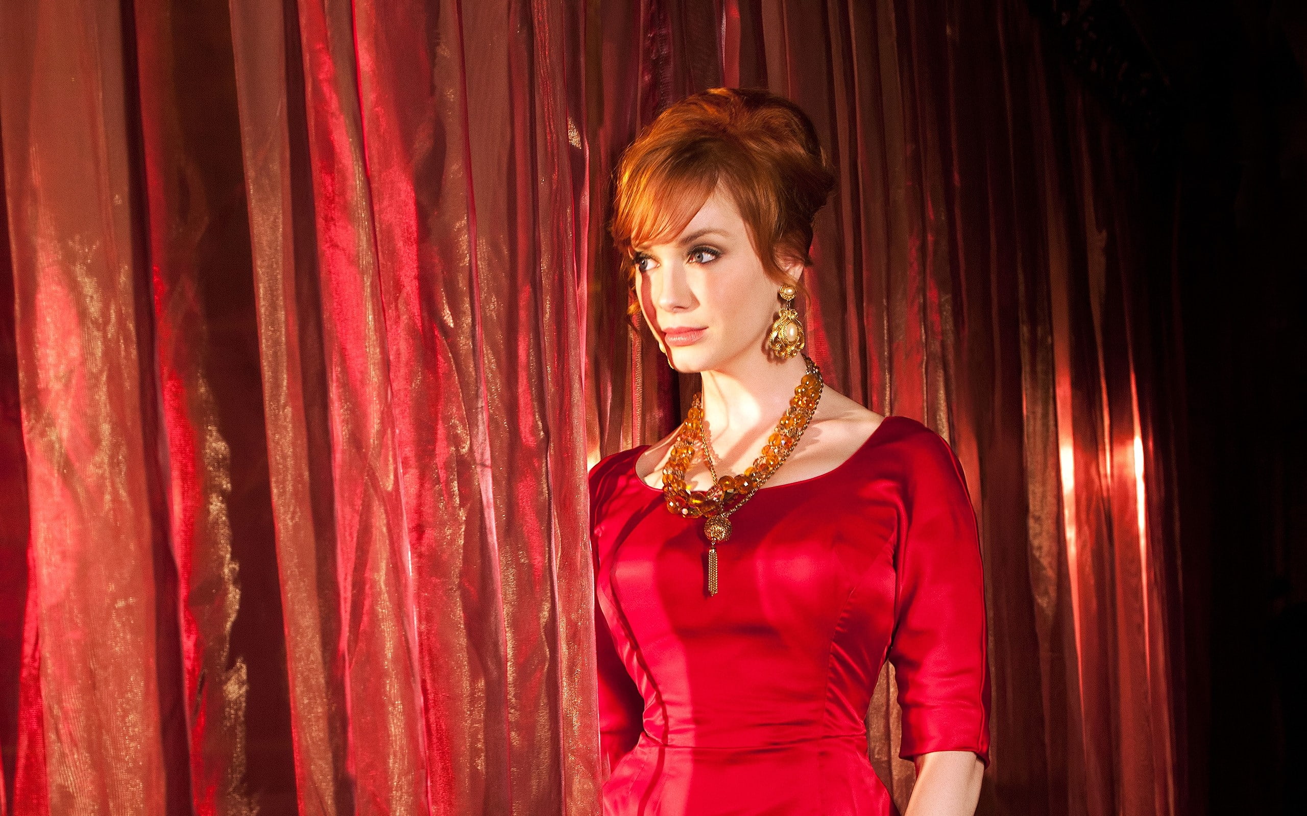 jewelry, beautiful woman, waist up, young adult, 2K, Celebrity, Christina hendricks, front view, Dress, necklace, luxury, beauty, fashion, clothing, young women, HD Wallpaper