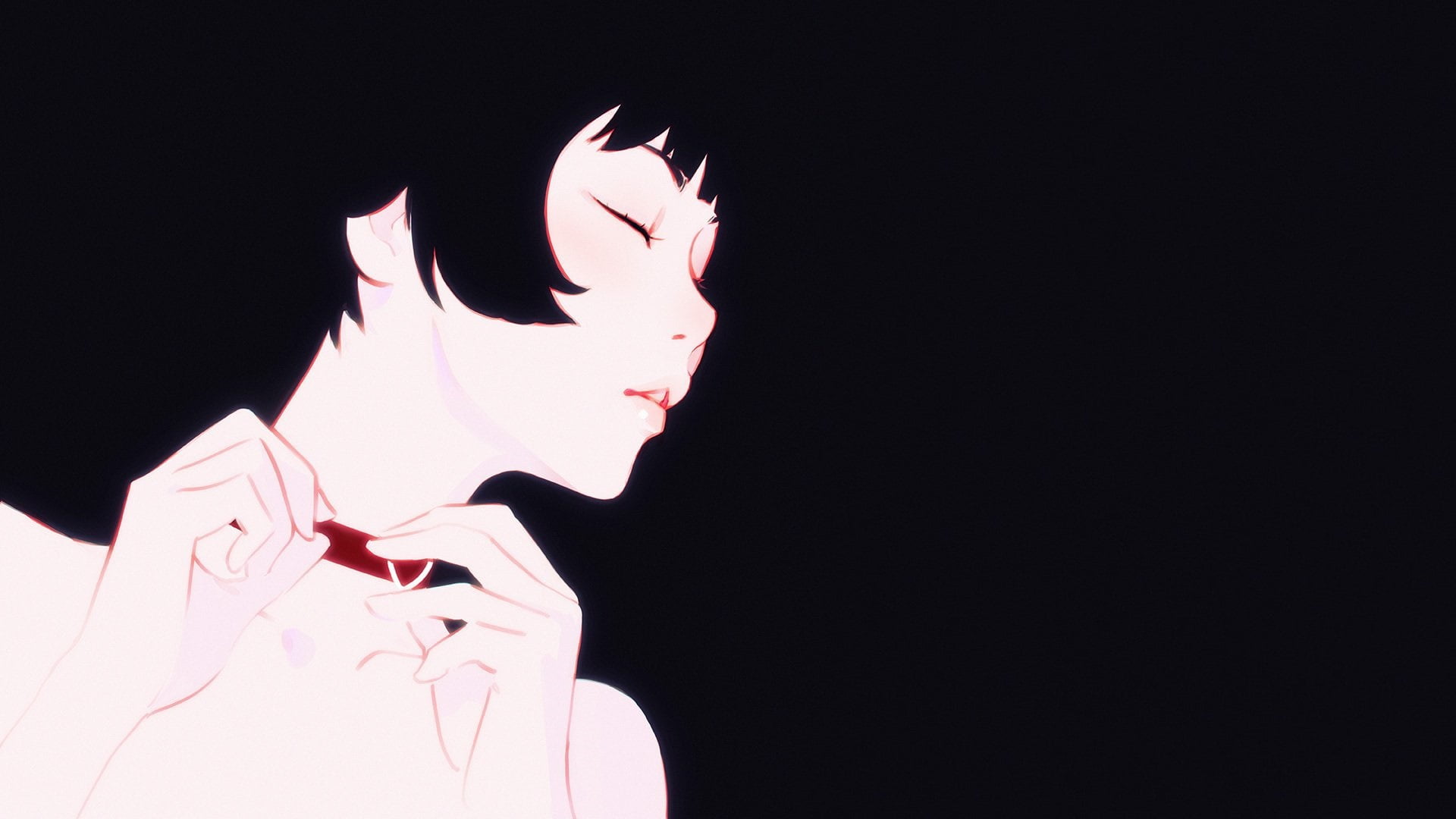 closed eyes, Ilya Kuvshinov, 1080P, bangs, shoulders, portrait of a girl, black background, sponge, hands, haircut, HD Wallpaper