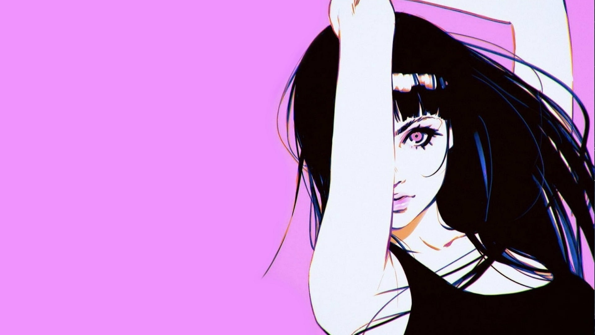 hands up, 1080P, black hair, bangs, pink background, Ilya Kuvshinov, portrait of a girl, HD Wallpaper