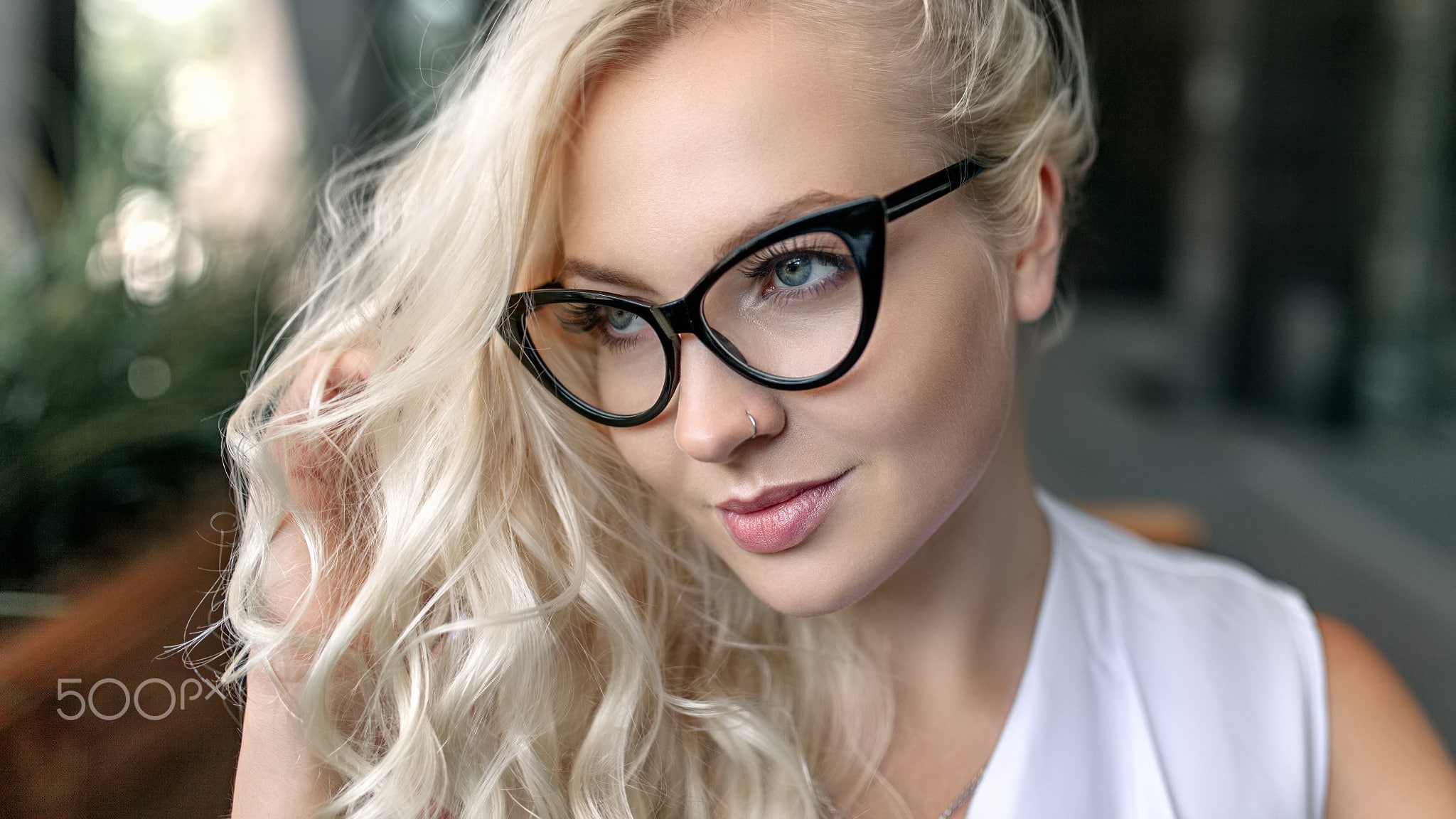 women, looking away, bokeh, women with glasses, nose rings, blue eyes, blonde, 1080P, face, HD Wallpaper