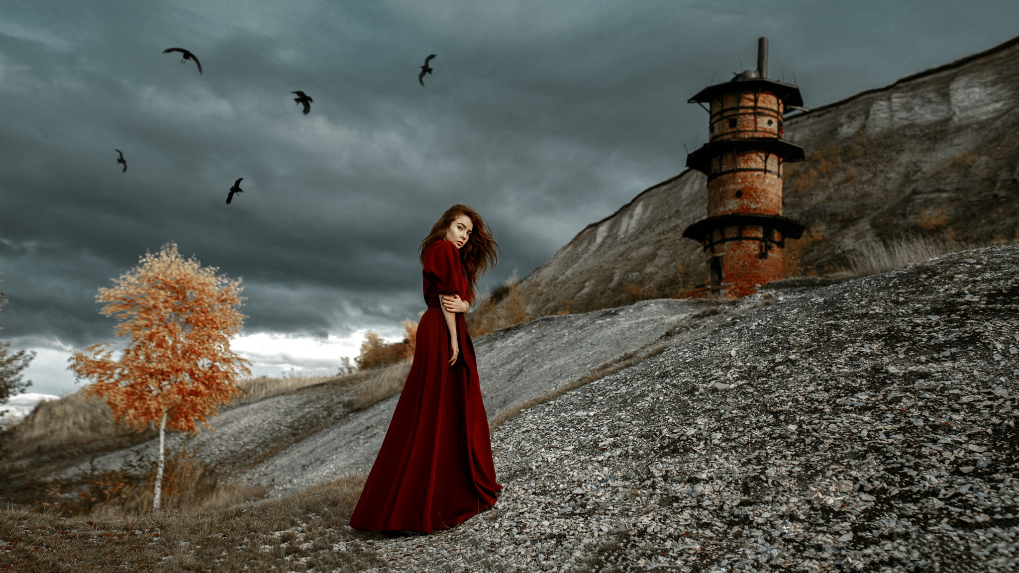 redhead, clouds, women, crow, model, women outdoors, dress, outdoors, Andrey Metelkov, sky, looking at viewer, 1080P, HD Wallpaper