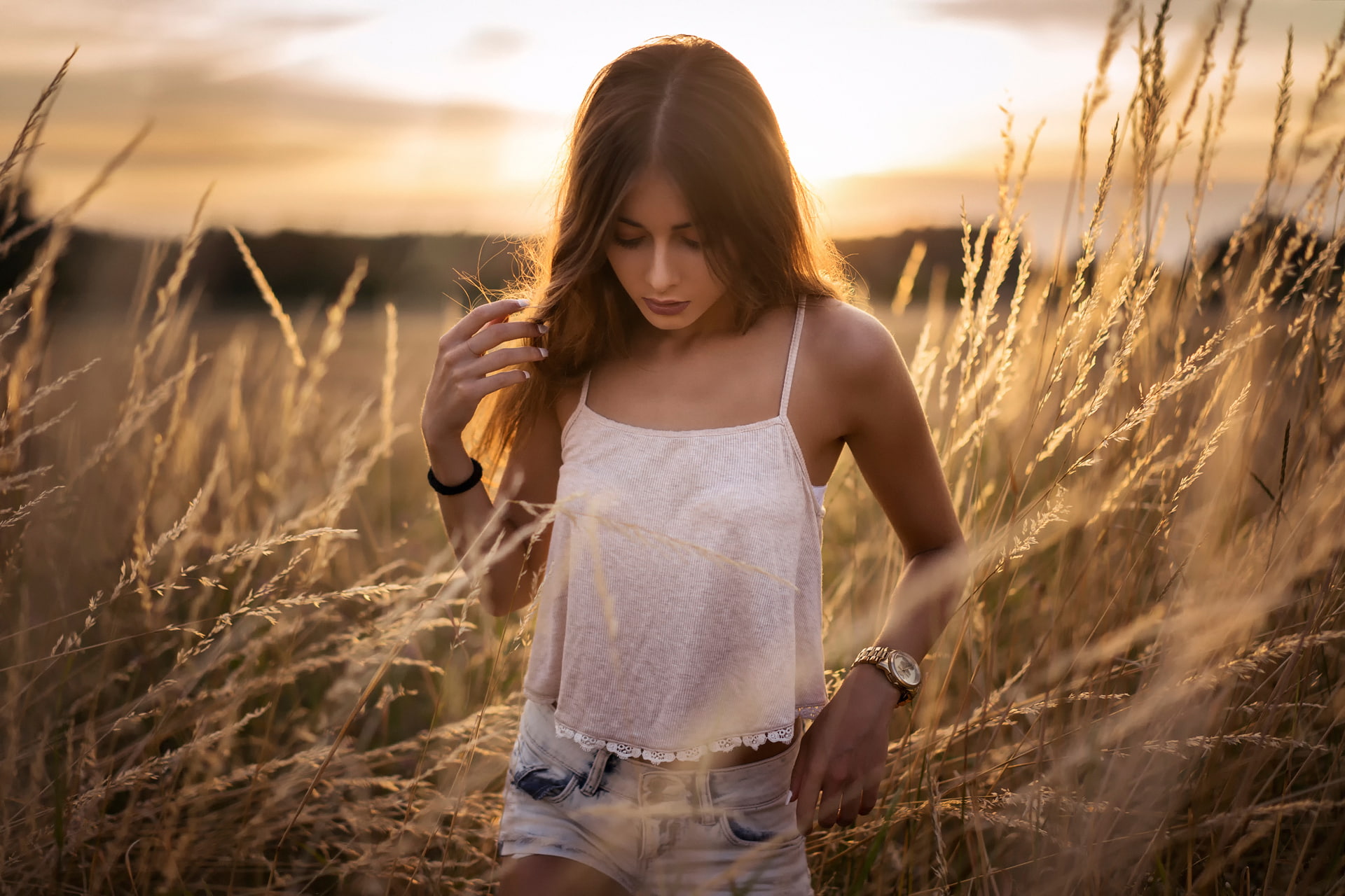 Sara, shorts, 1080P, sunset, Martin Kuhn, HD Wallpaper