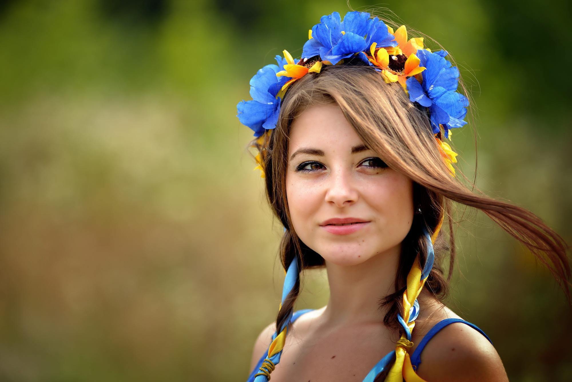 wreath, beautiful woman, flowering plant, wearing flowers, flower, portrait, women, headshot, smiling, one person, beauty, brown hair, Dana Gerhardt, young adult, HD Wallpaper