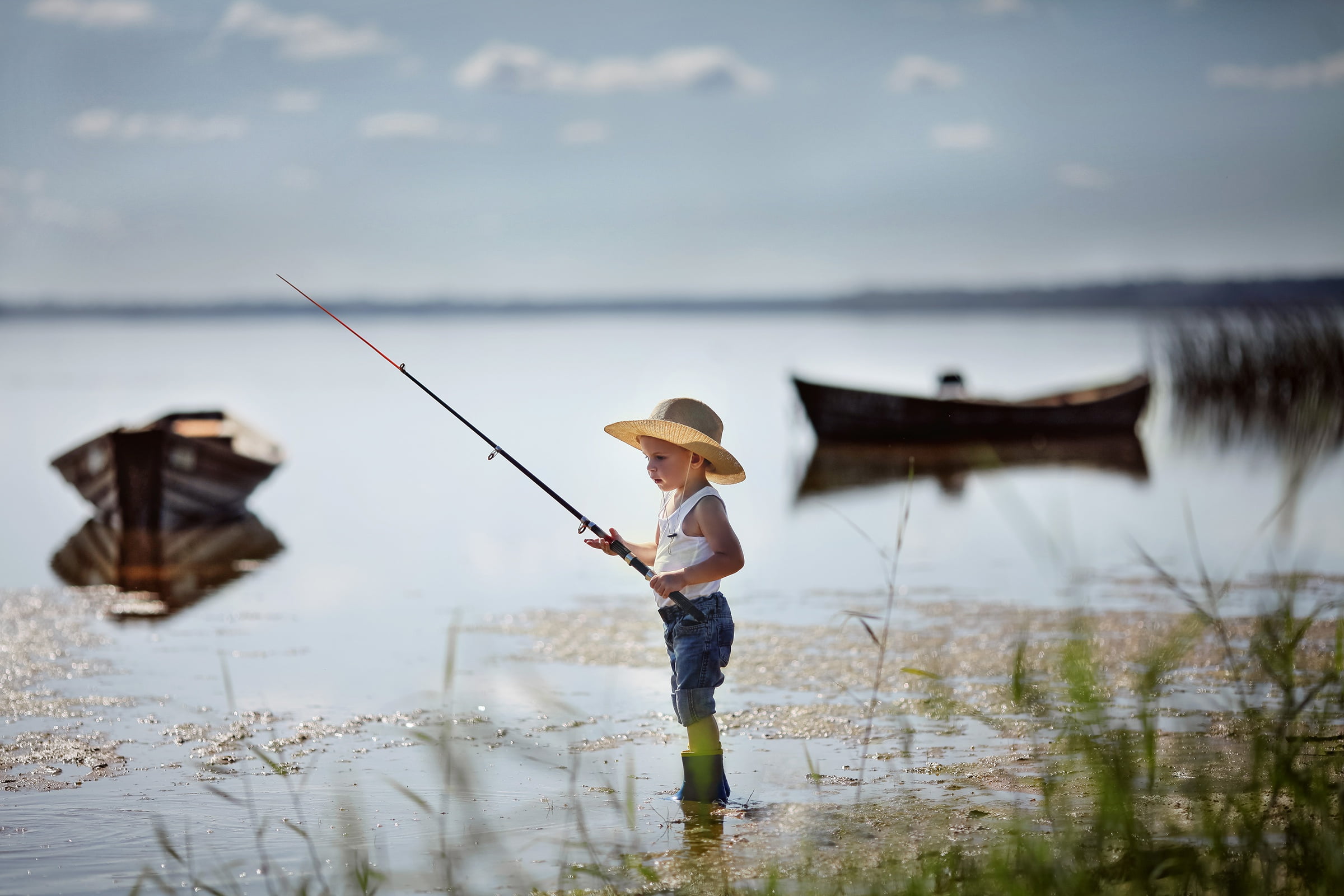fisherman, boy, child, Valeria Kasperova, lake, fishing, nature, baby, angler, boats, 1080P, HD Wallpaper