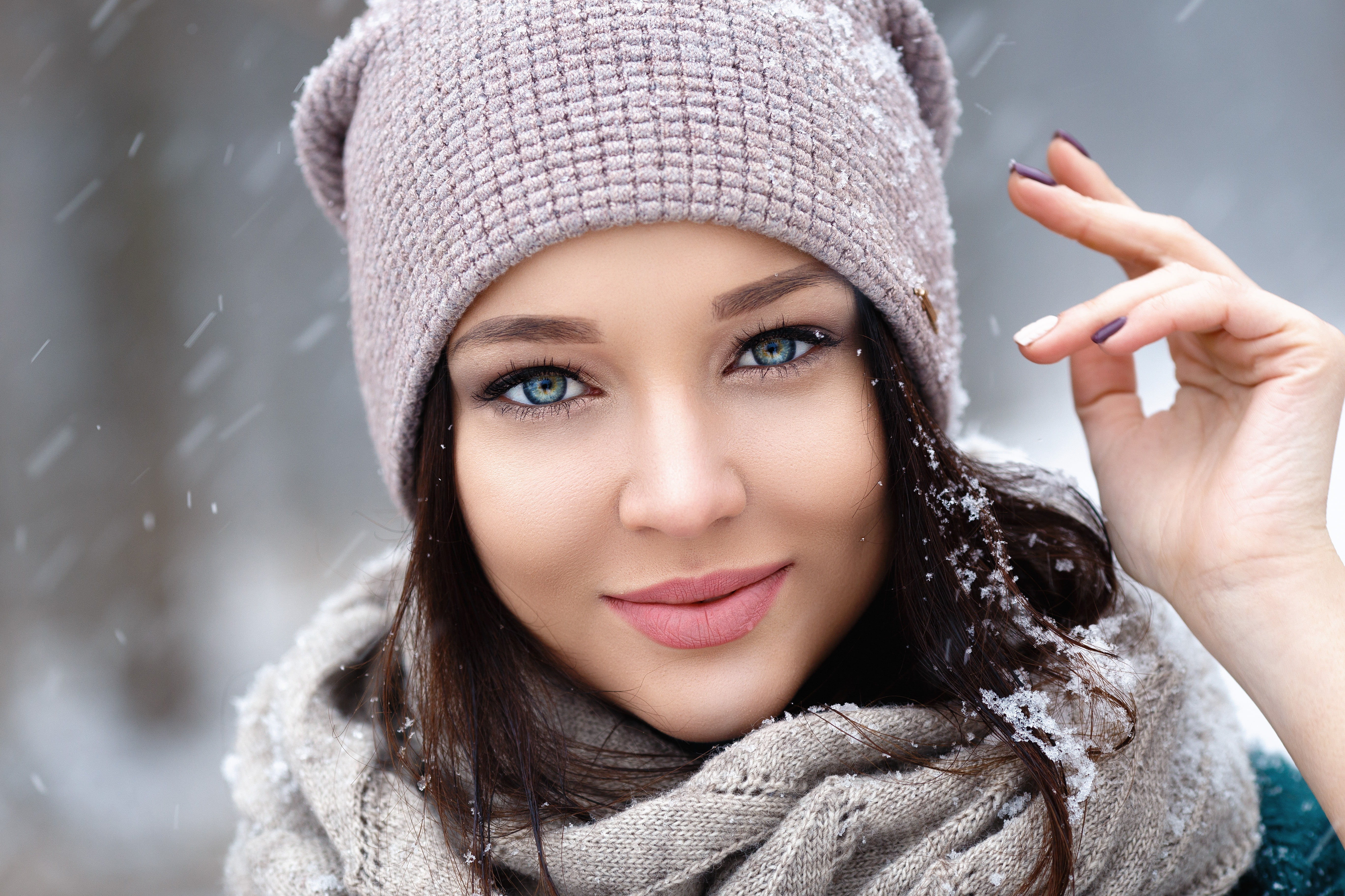 portrait, Denis Petrov, Angelina Petrova, 5K, photographer, cap, snow, girl, winter, HD Wallpaper