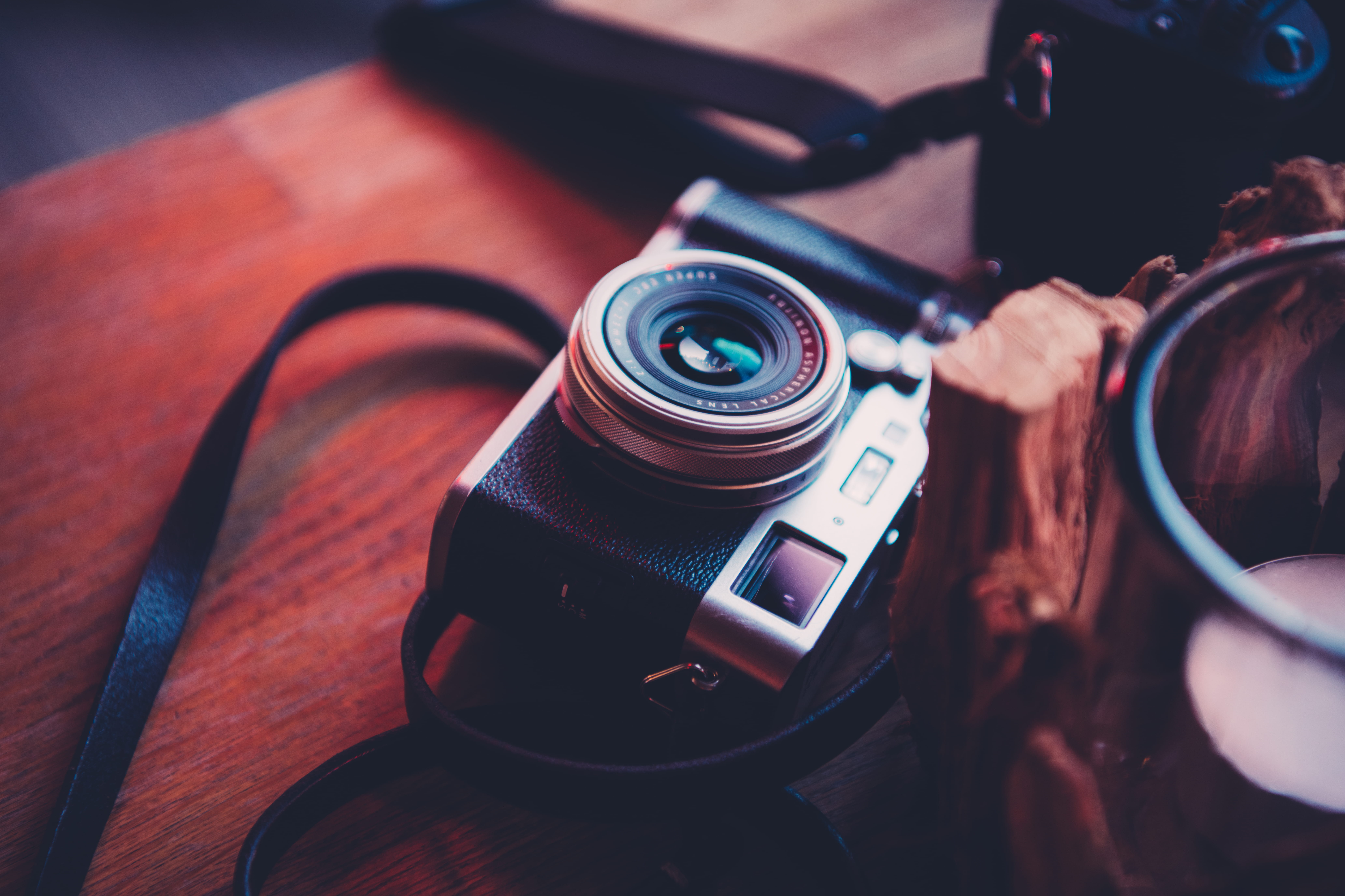 strap, table, face, photographic equipment, indoors, slr camera, photo, lens - optical instrument, reflection, close-up, film industry, wood - material, HD Wallpaper