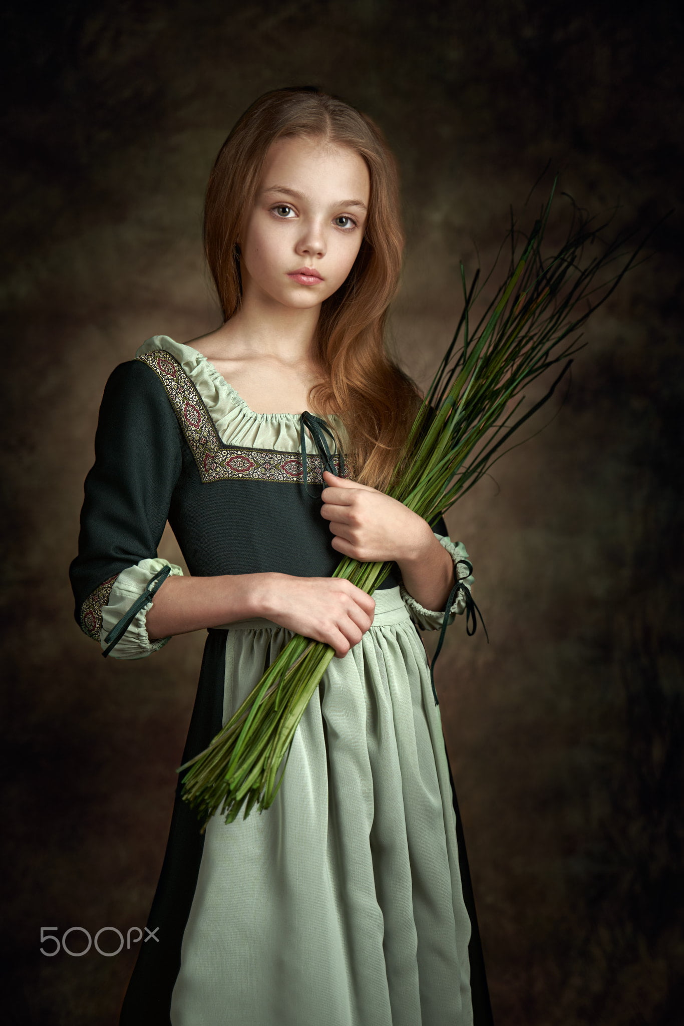 children, apron, looking at viewer, simple background, 1080P, brunette, Alexander Vinogradov, long hair, plants, Phone HD Wallpaper