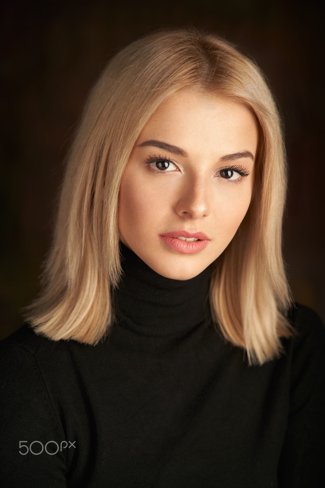 straight hair, blonde, portrait, black clothing, women, looking at viewer, Alexander Vinogradov, turtlenecks, 1080P, simple background, Phone HD Wallpaper