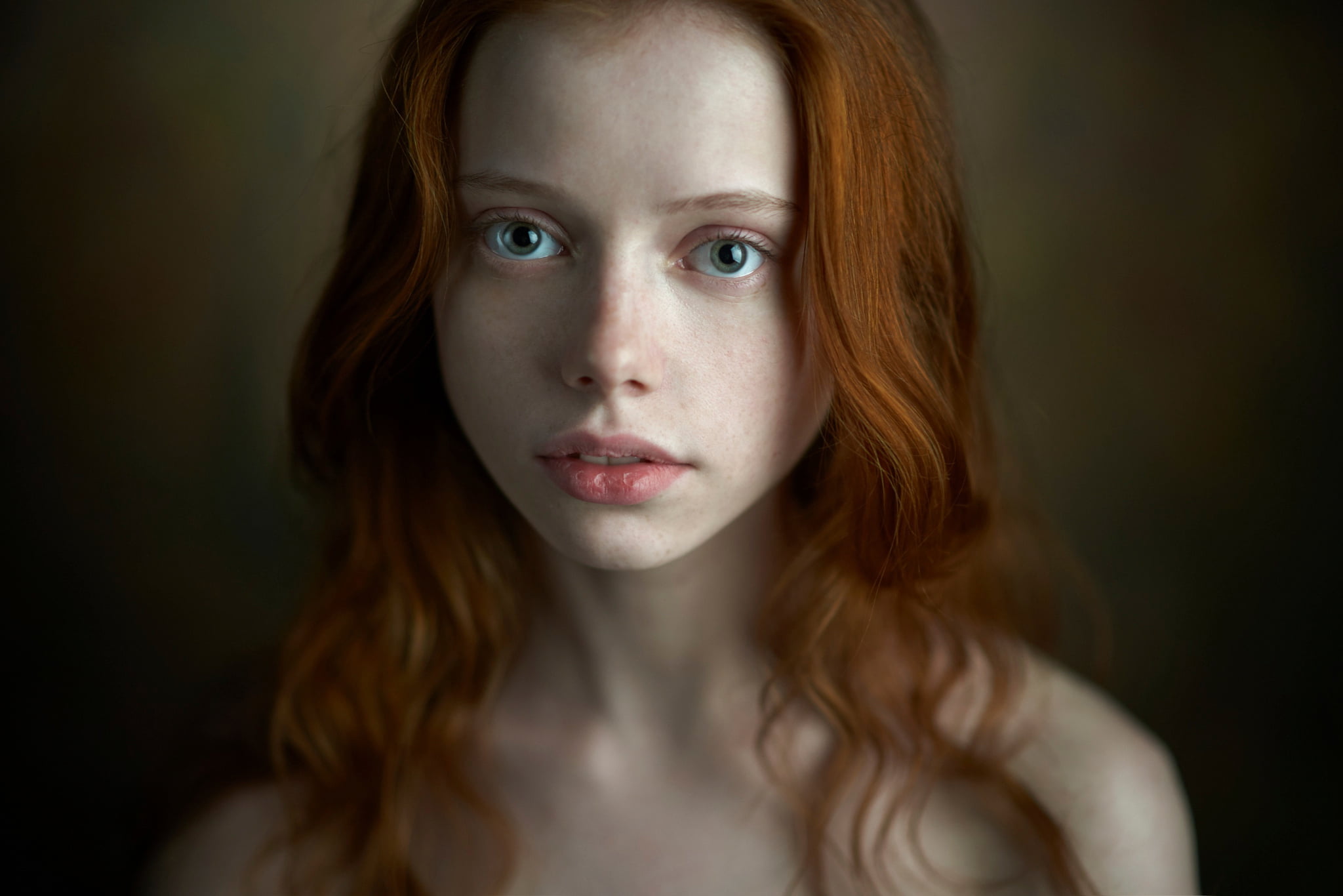 teenager, studio shot, one person, close-up, looking at camera, indoors, Alexander Vinogradov, the beauty, innocence, headshot, green-eyed, blue eyes, front view, HD Wallpaper