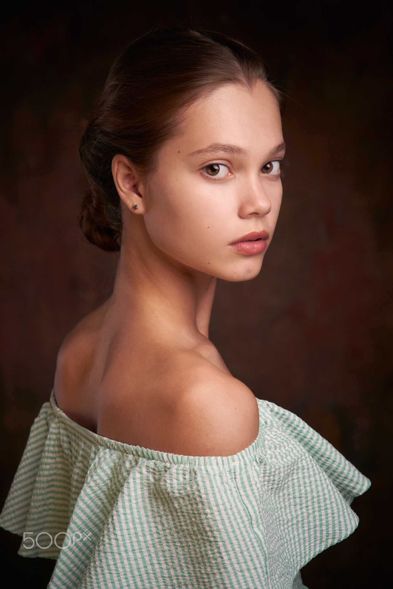dress, women, Alexander Vinogradov, brunette, simple background, looking at viewer, makeup, 1080P, brown eyes, bare shoulders, hairbun, portrait, Phone HD Wallpaper