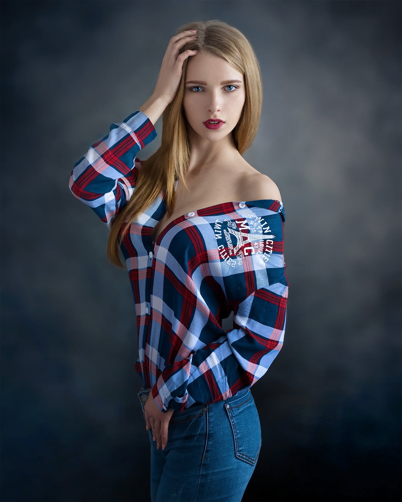 lipstick, shirt, looking at viewer, blue eyes, long hair, pattern, 720P, straight hair, jeans, makeup, women, Evgeny Sibiraev, blonde, bare shoulders, Phone HD Wallpaper