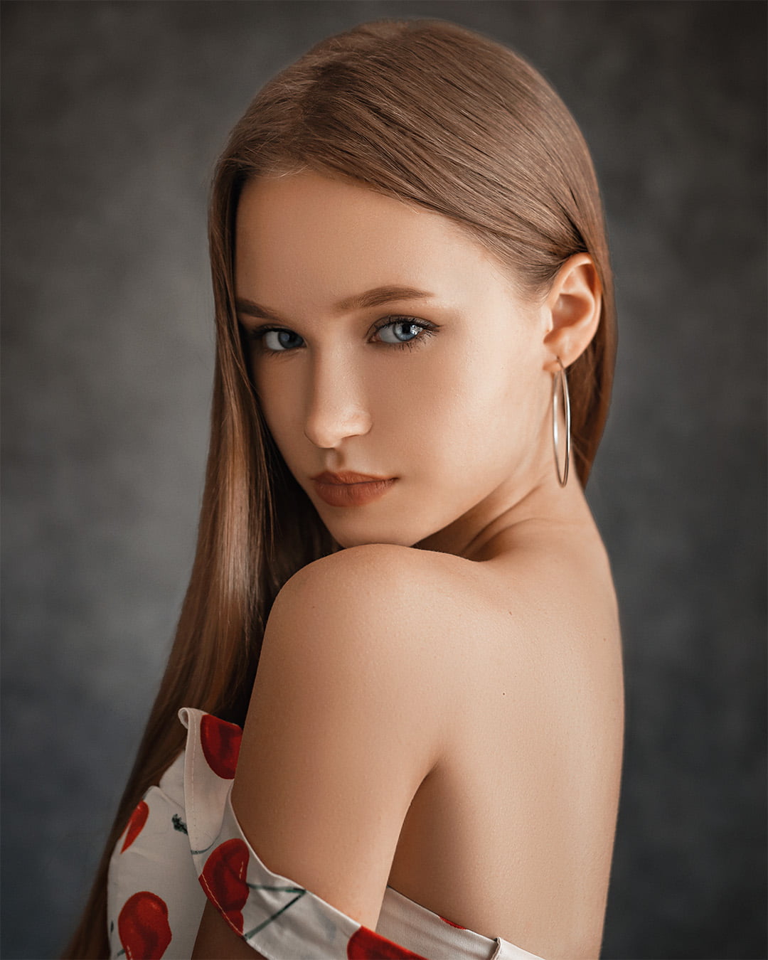 portrait, eyeliner, looking at viewer, earring, long hair, bare shoulders, makeup, 720P, dress, jewelry, women, straight hair, brunette, lipstick, Evgeny Sibiraev, Phone HD Wallpaper
