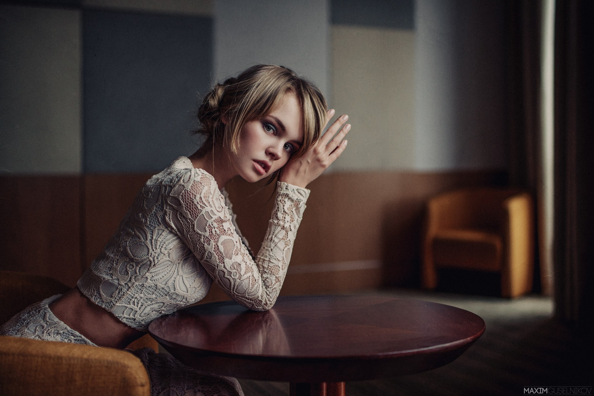 sitting, blonde, table, Maxim Guselnikov, looking at viewer, women, 1080P, Anastasia Scheglova, model, HD Wallpaper