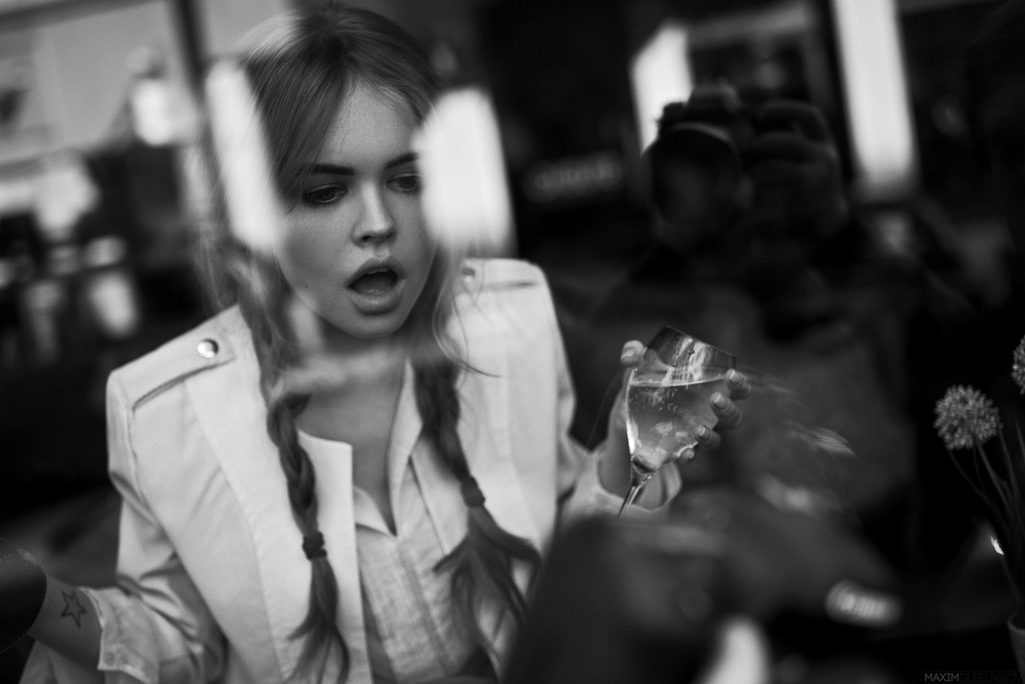 one person, hairstyle, cup, adult, women, sitting, portrait, jacket, mouth open, Maxim Guselnikov, young women, monochrome, white jacket, 1080P, glass, HD Wallpaper