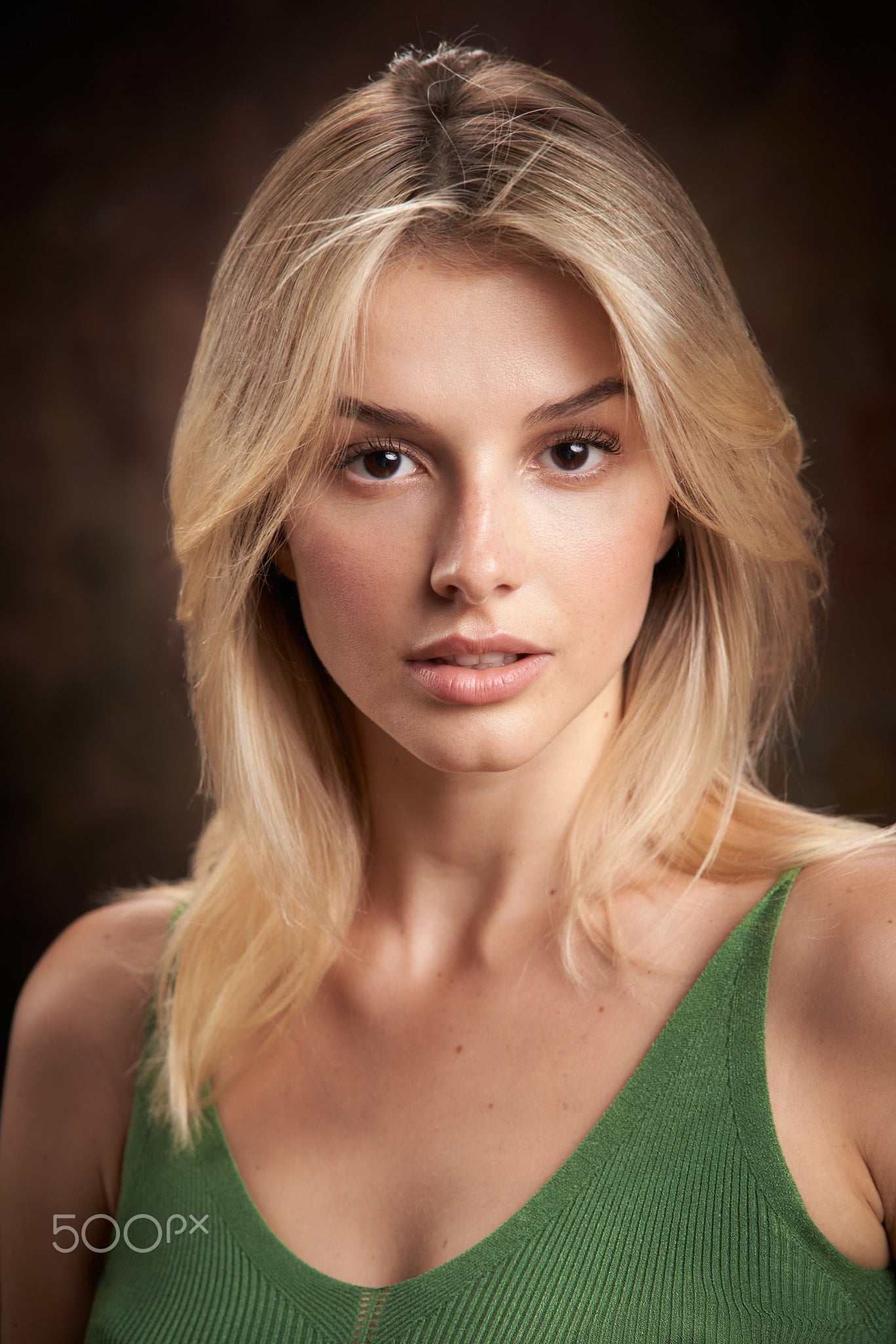 looking at viewer, Alexander Vinogradov, green clothing, simple background, blonde, portrait, women, 1080P, Phone HD Wallpaper
