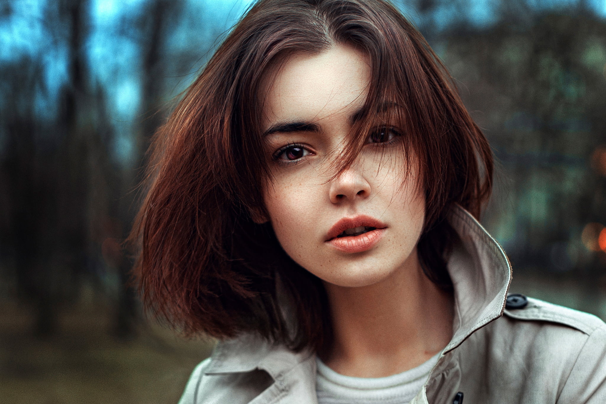 hairstyle, girls, child, headshot, dyed red hair, contemplation, adolescence, gray, looking at camera, focus on foreground, young adult, George Chernyadev, HD Wallpaper