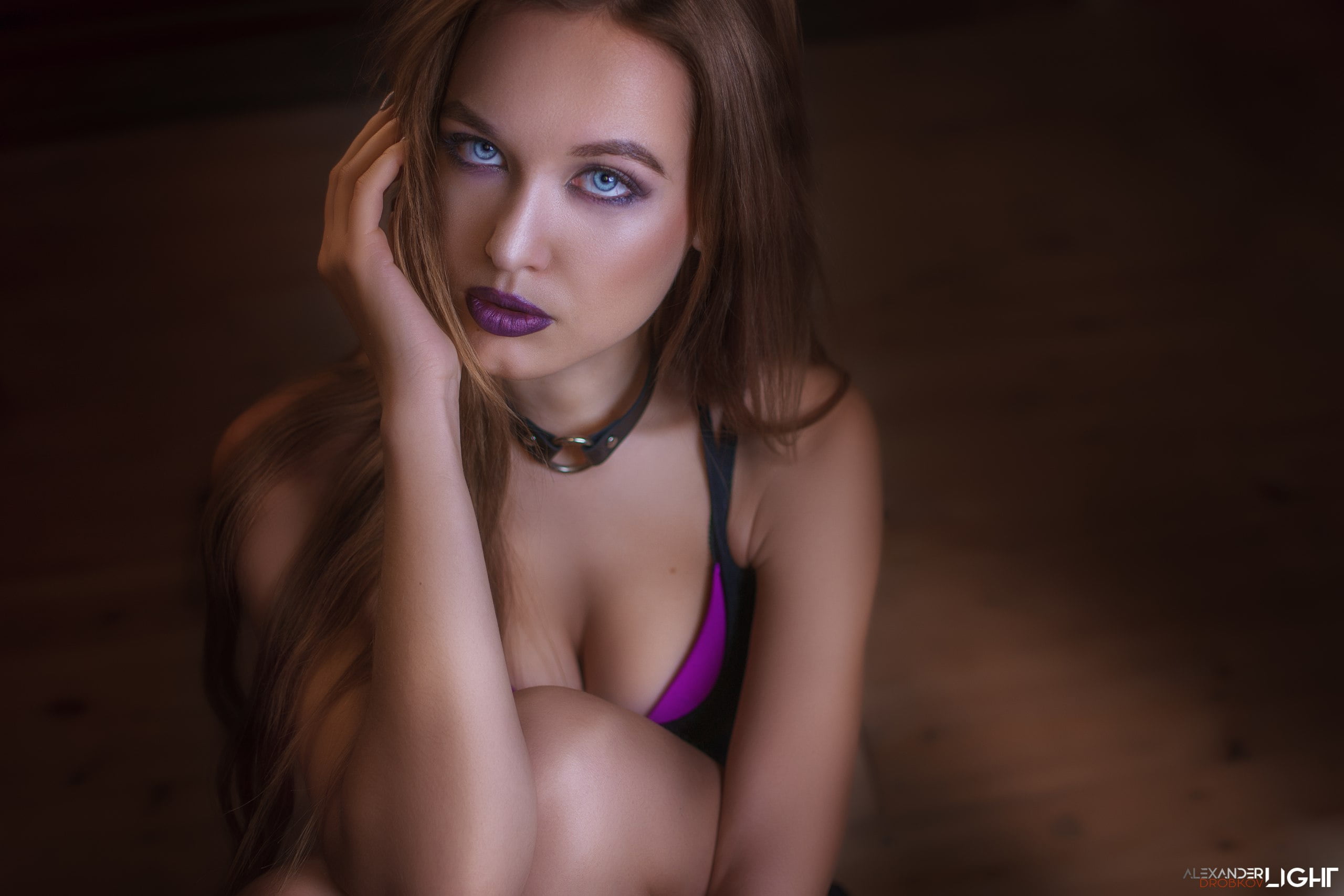 purple lips, long hair, makeup, beauty, looking at camera, indoors, lipstick, hand, young adult, Daria Bliznakova, adult, brown hair, Alexander Drobkov-Light, HD Wallpaper