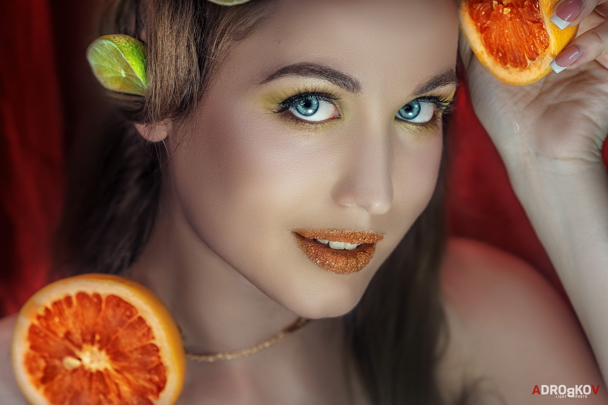 makeup, face, 1080P, orange, portrait, Daria Bliznakova, look, Alexander Drobkov-Light, sponge, lime, lipstick, blue eyes, citrus, style, HD Wallpaper