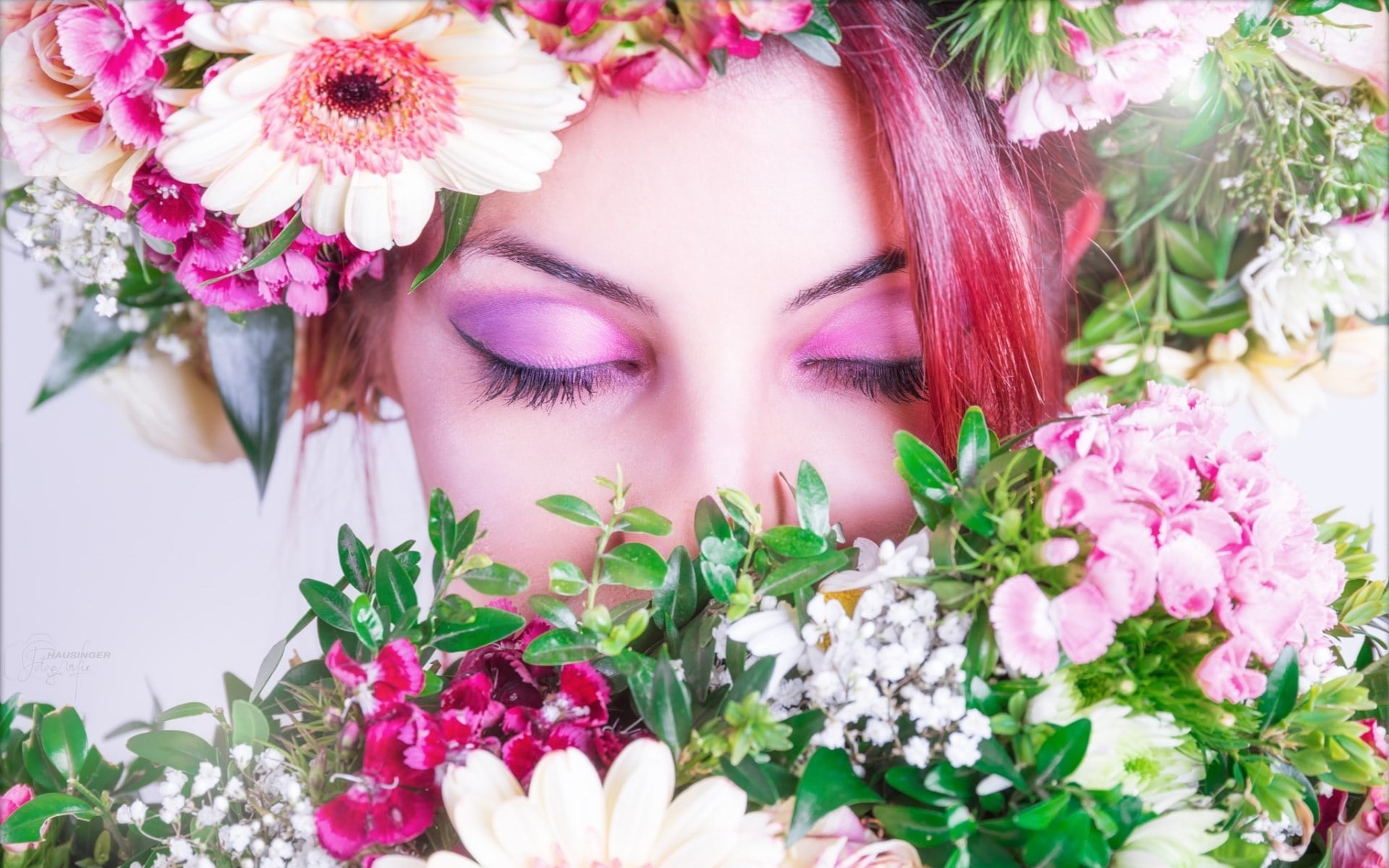 Alexander Hausinger, flowers, women, colorful, model, 1080P, face, makeup, plants, 500px, HD Wallpaper