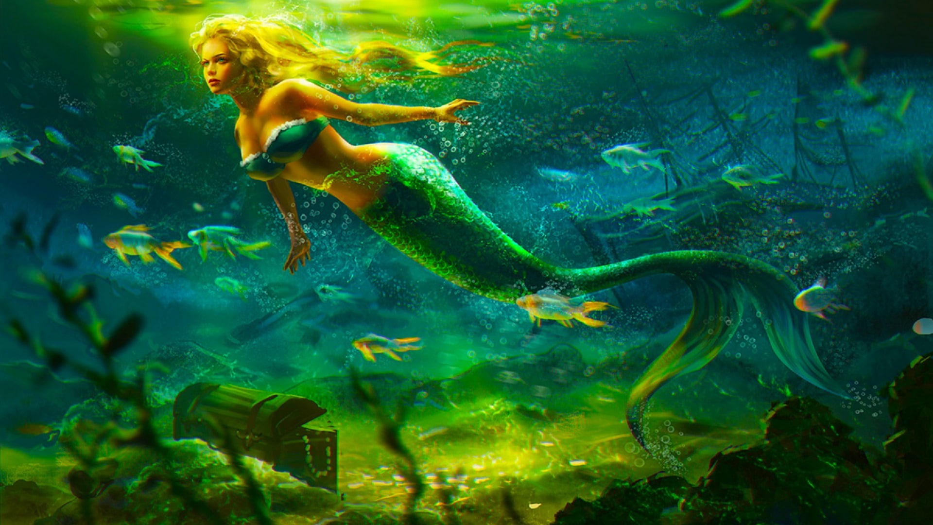 mermaid, 1080P, art, kingdom, fantasy, girl, water, hd, HD Wallpaper