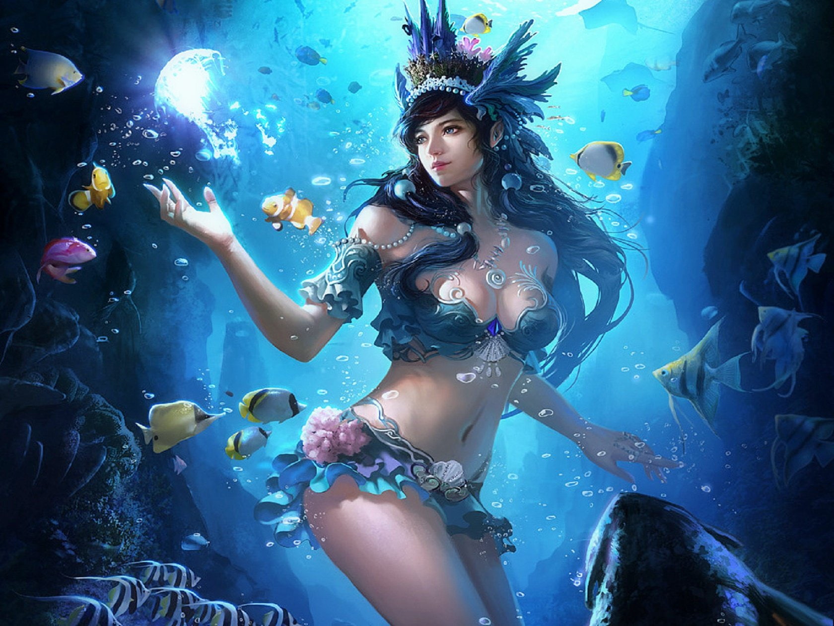 hairstyle, young women, Under, nature, beautiful woman, women, beauty, fashion, 720P, hair, long hair, adult, fish, water, indoors, girl, one person, fantasy, HD Wallpaper