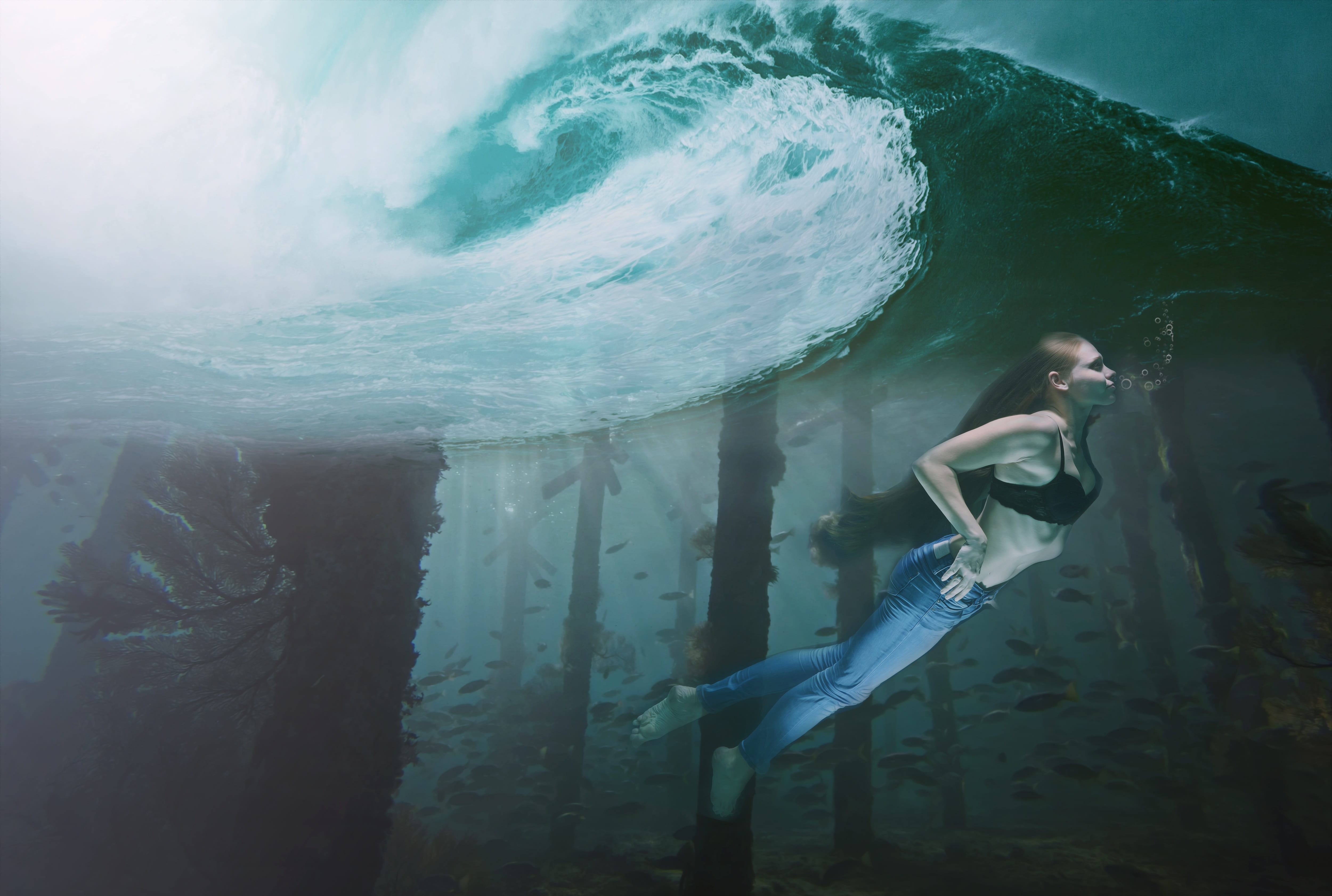 aquatic sport, young, motion, nature, 4K, photoshop, female, clothing, mystery, one person, model, young adult, dream, composing, full length, outdoors, HD Wallpaper