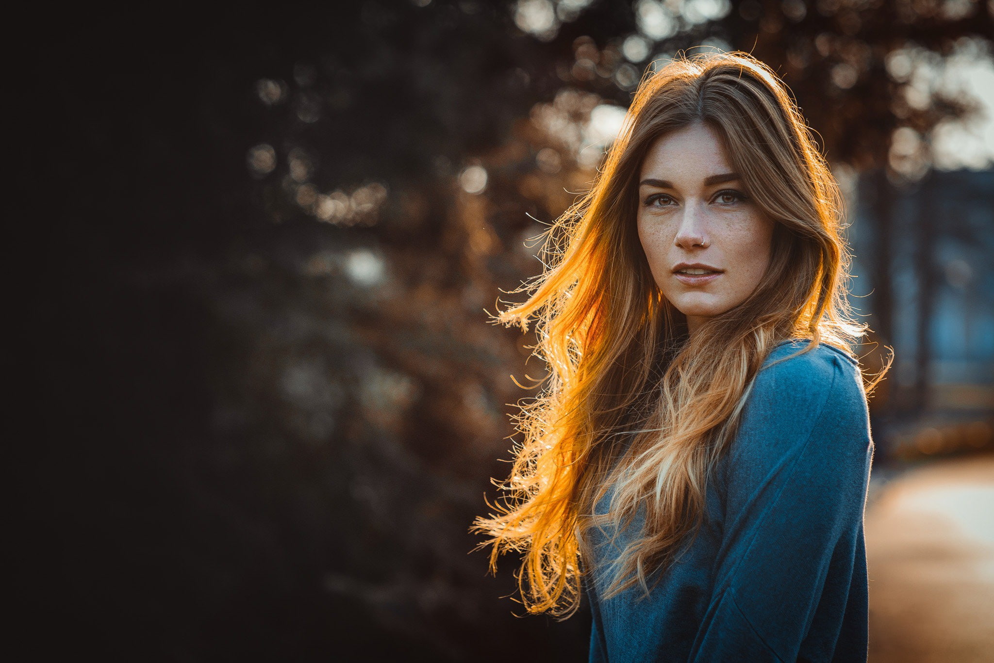 women outdoors, women, 1080P, Manthos Tsakiridis, depth of field, nose rings, portrait, blonde, HD Wallpaper