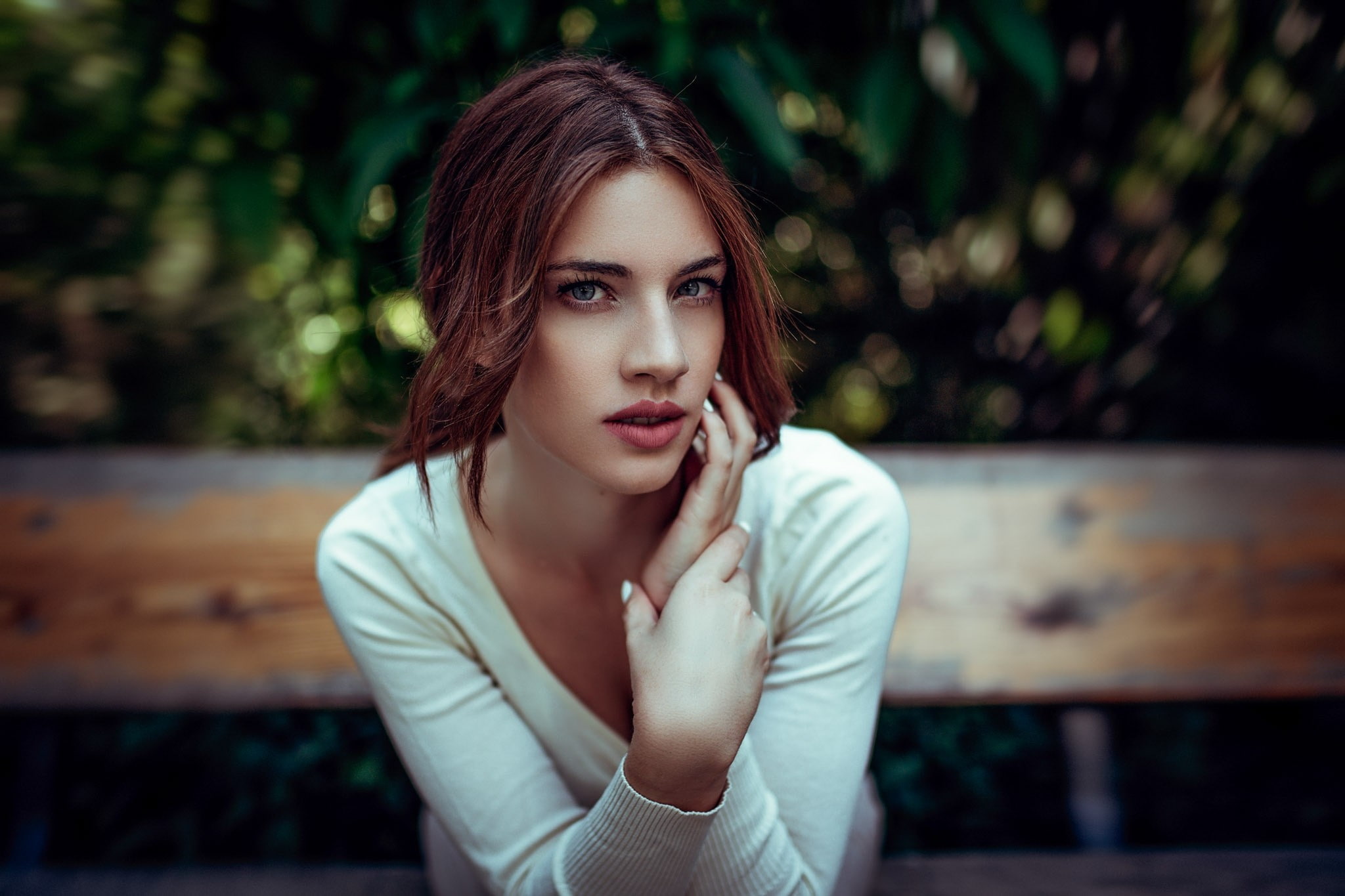 face, depth of field, portrait, bench, women, 1080P, Manthos Tsakiridis, HD Wallpaper