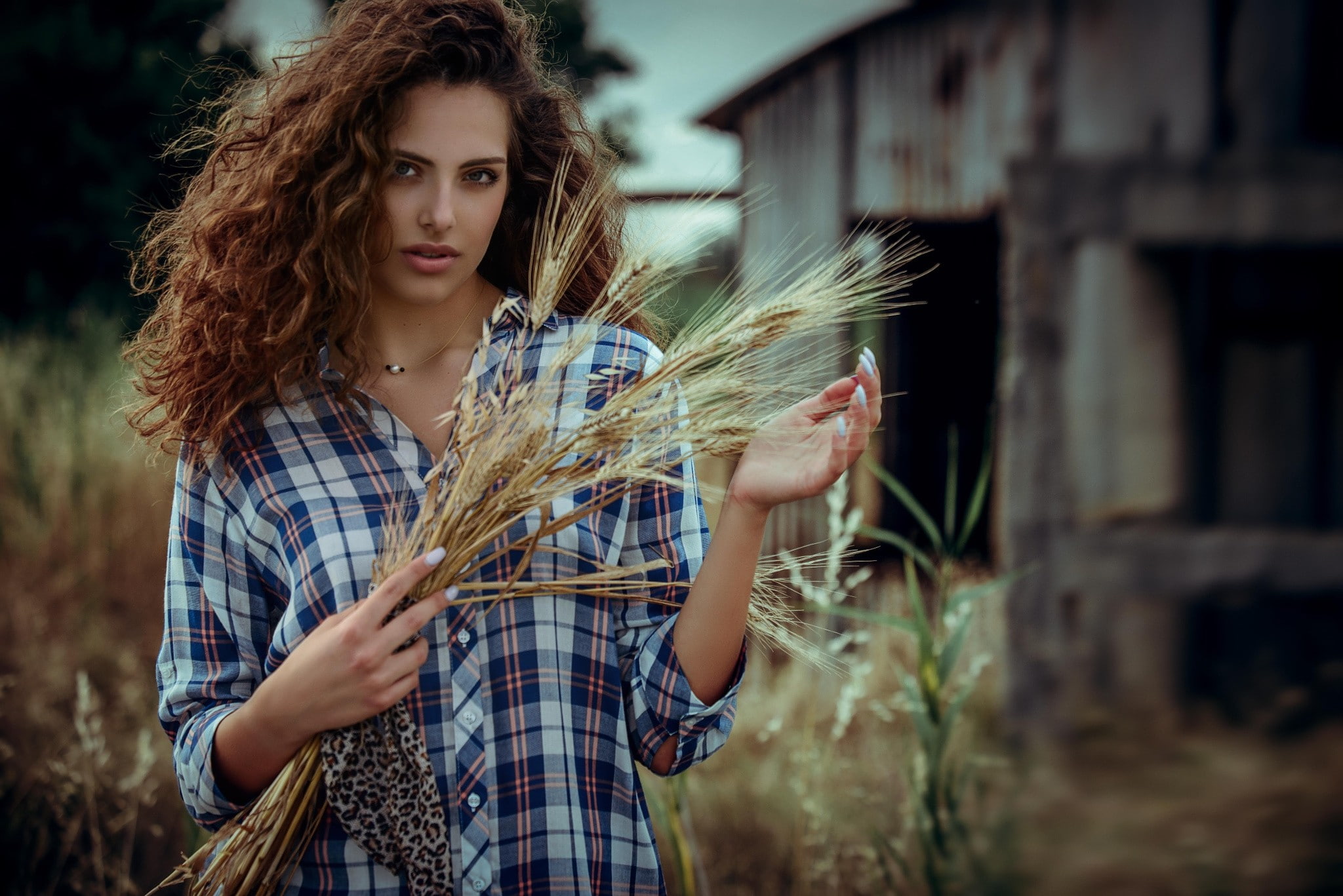 shirt, curly hair, women, Rye, face, women outdoors, 1080P, Manthos Tsakiridis, brunette, portrait, depth of field, HD Wallpaper