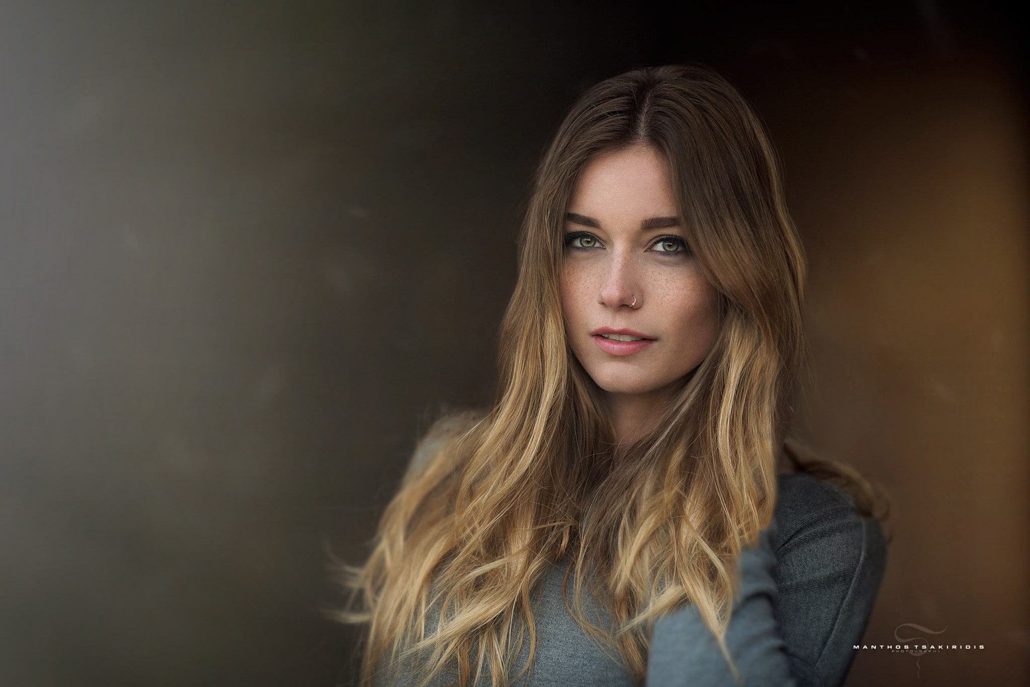 model, blonde, hazel eyes, women, Manthos Tsakiridis, pierced nose, 1080P, portrait, freckles, HD Wallpaper
