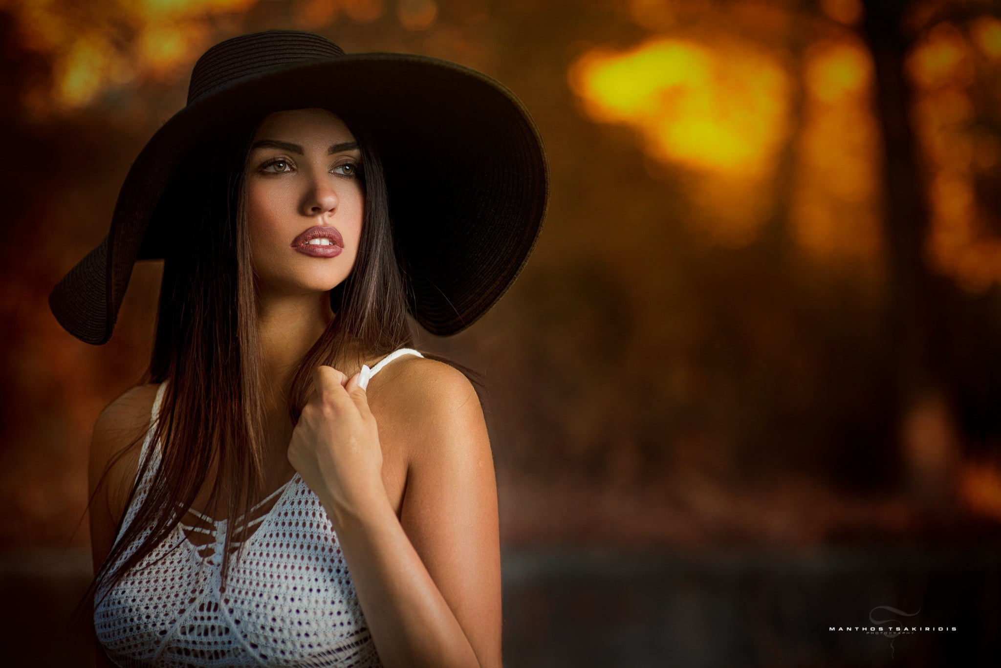 face, beauty, beautiful people, women, no bra, green eyes, white tops, black, white, elegance, model, portrait, adult, spaghetti, Manthos Tsakiridis, strap, HD Wallpaper