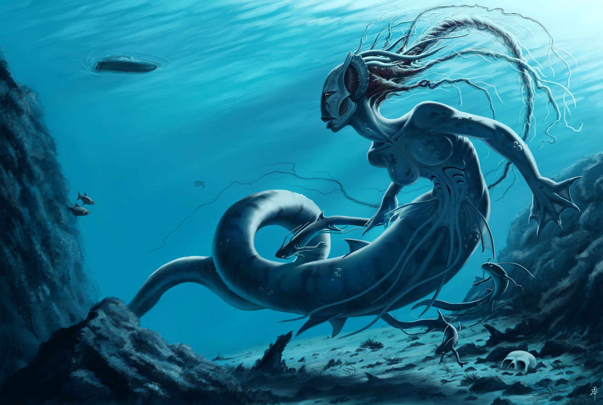 underwater, Medusa, fantasy art, mythical creature, sake, at depth, under water, clear water, schools of fish, jellyfish, at the bottom, на глубине, skull, HD Wallpaper