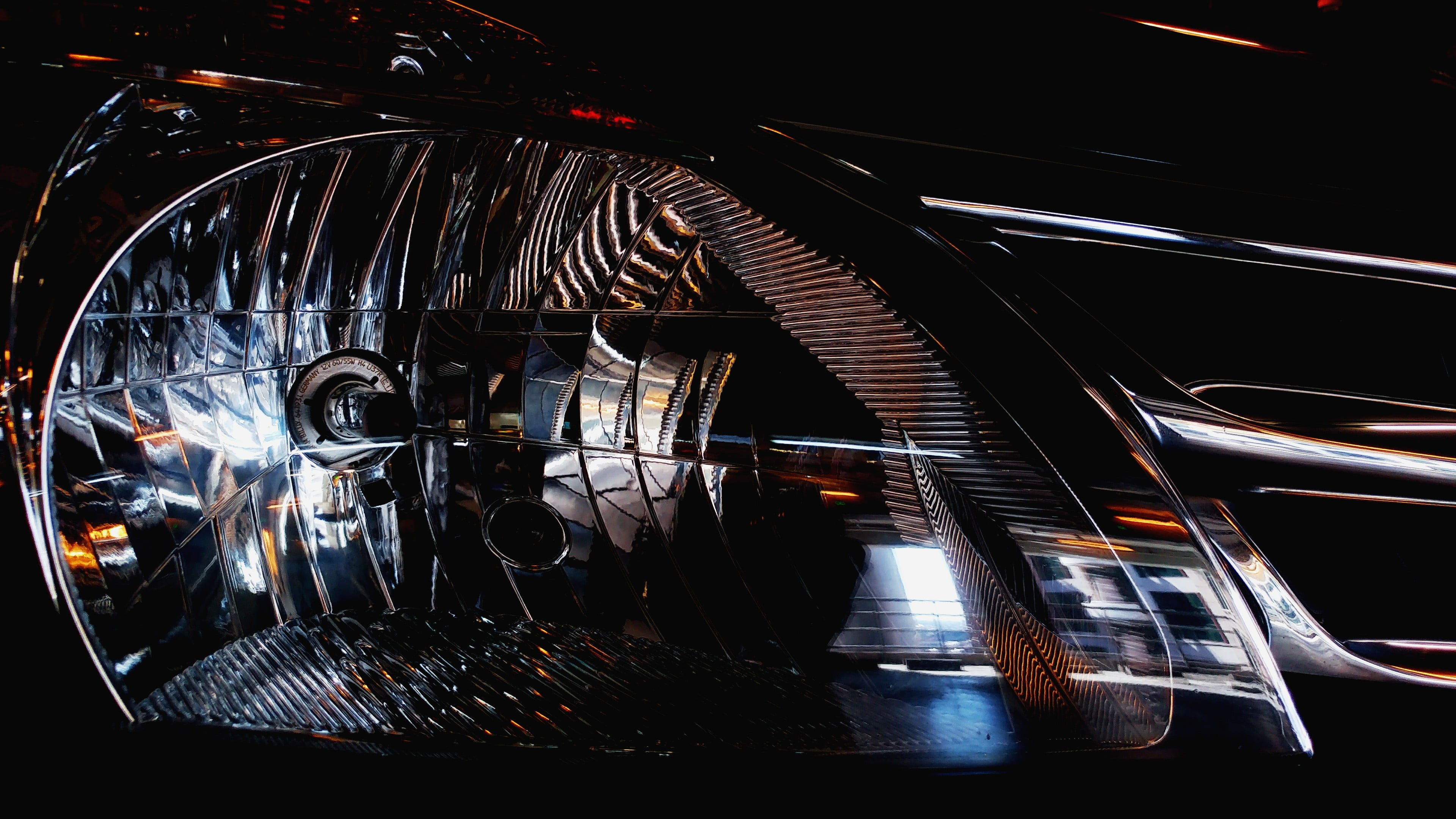 travel, close-up, headlight, illuminated, reflector, metal, motor vehicle, light, 4K, motion, indoors, architecture, transportation, city, shiny, glass, HD Wallpaper