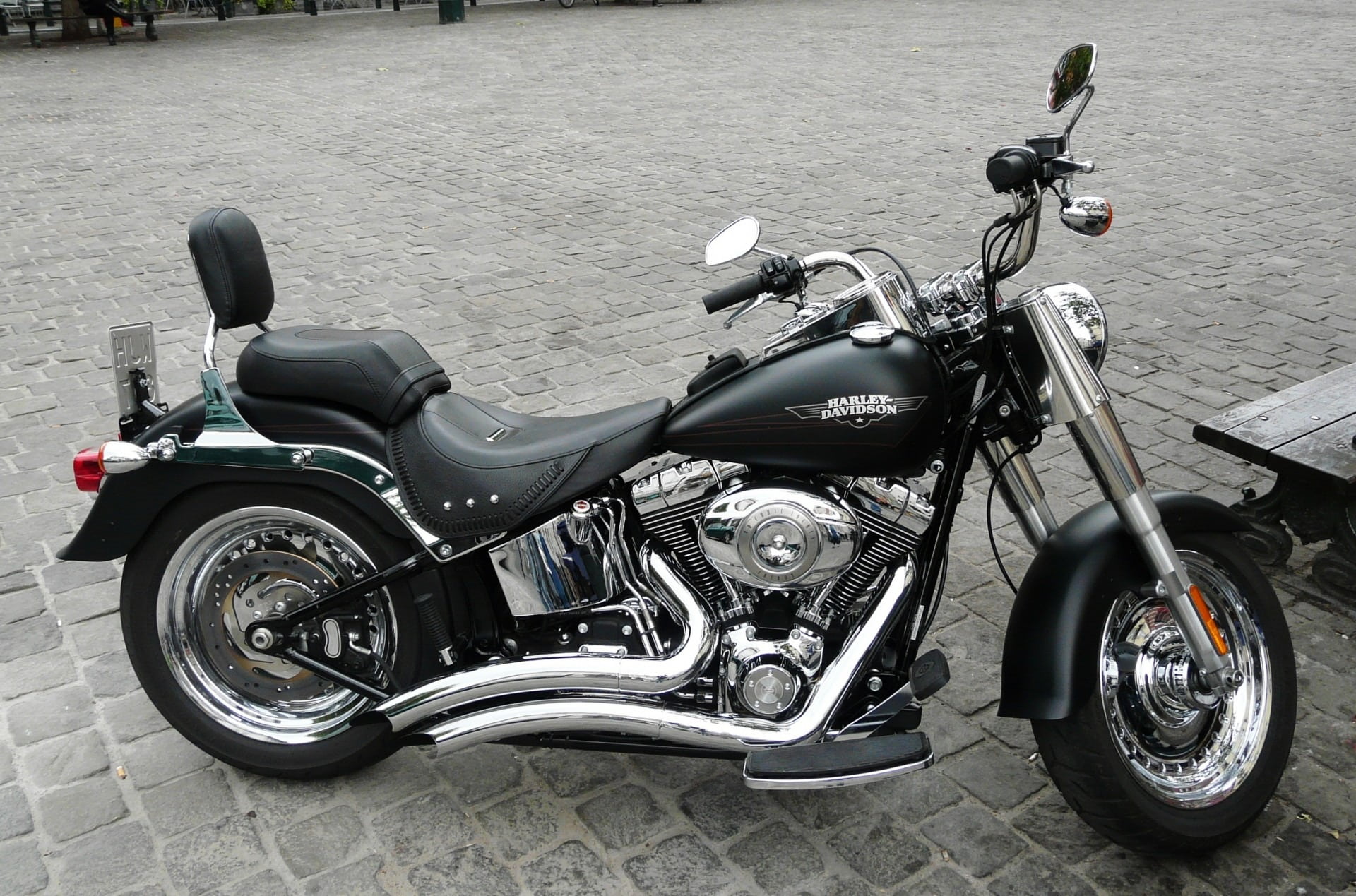 engine, parked, outdoors, no people, high angle view, harley davidson, cobblestones, luxury, cruiser, day, mode of Transport, 1080P, city, chrome, black, HD Wallpaper