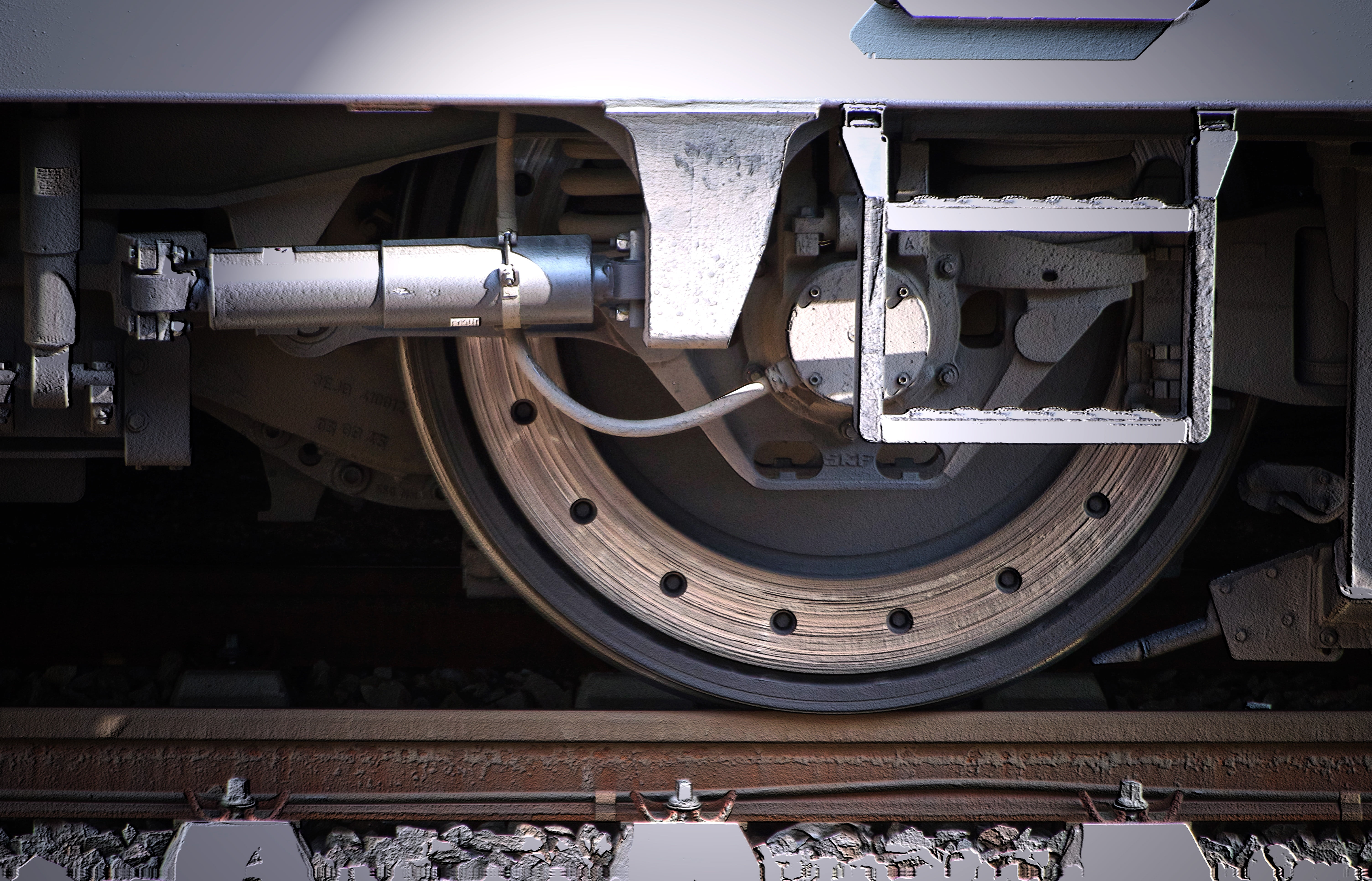 rail traffic, metal, construction, lines, day, rail transportation, indoors, no people, technology, mode of transportation, close-up, details, circle, railway, HD Wallpaper