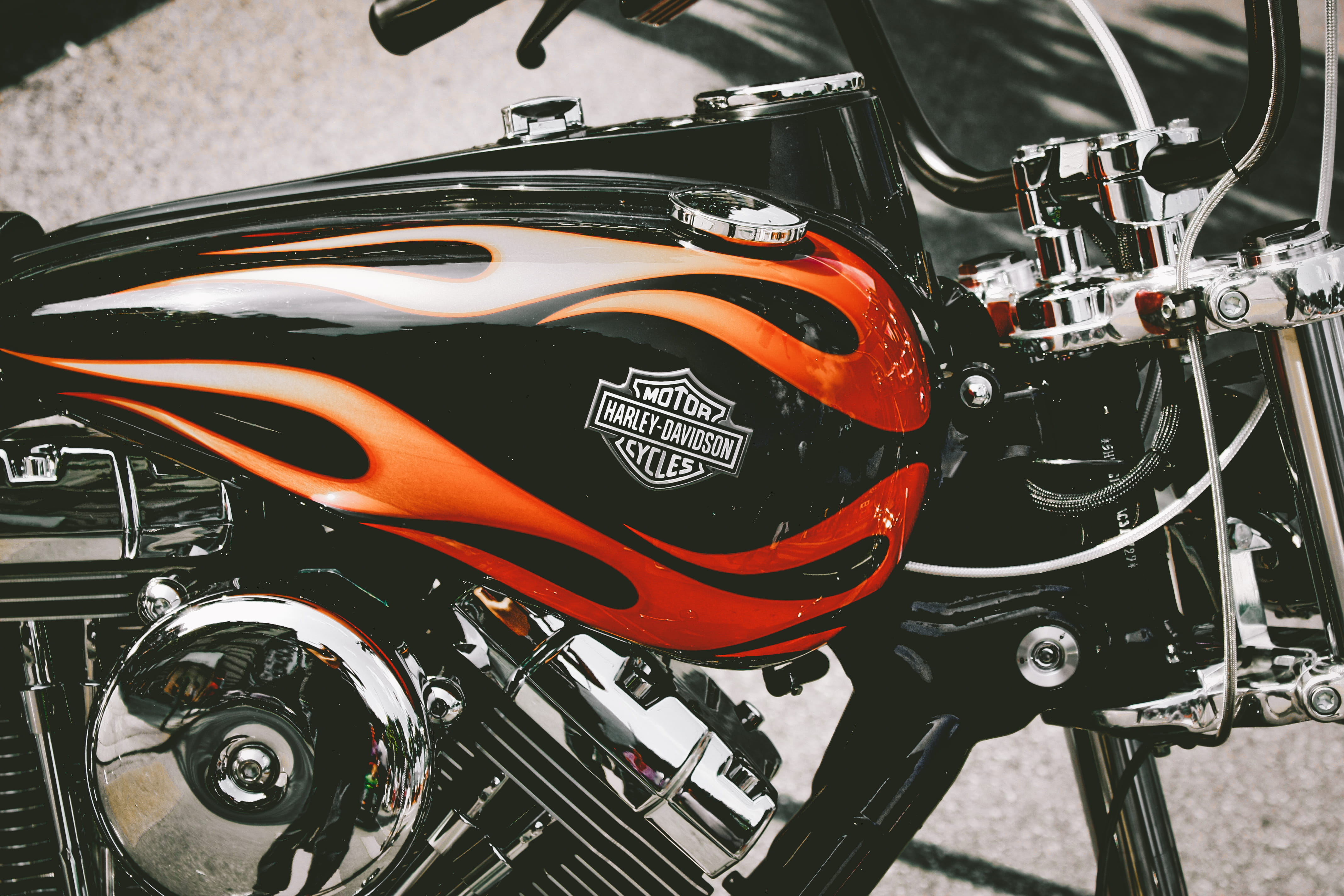 orange color, harley, headlights, red, focus on foreground, motor, day, machine, outdoors, stationary, road, headlight, wheel, close-up, bicycle, metallic, HD Wallpaper