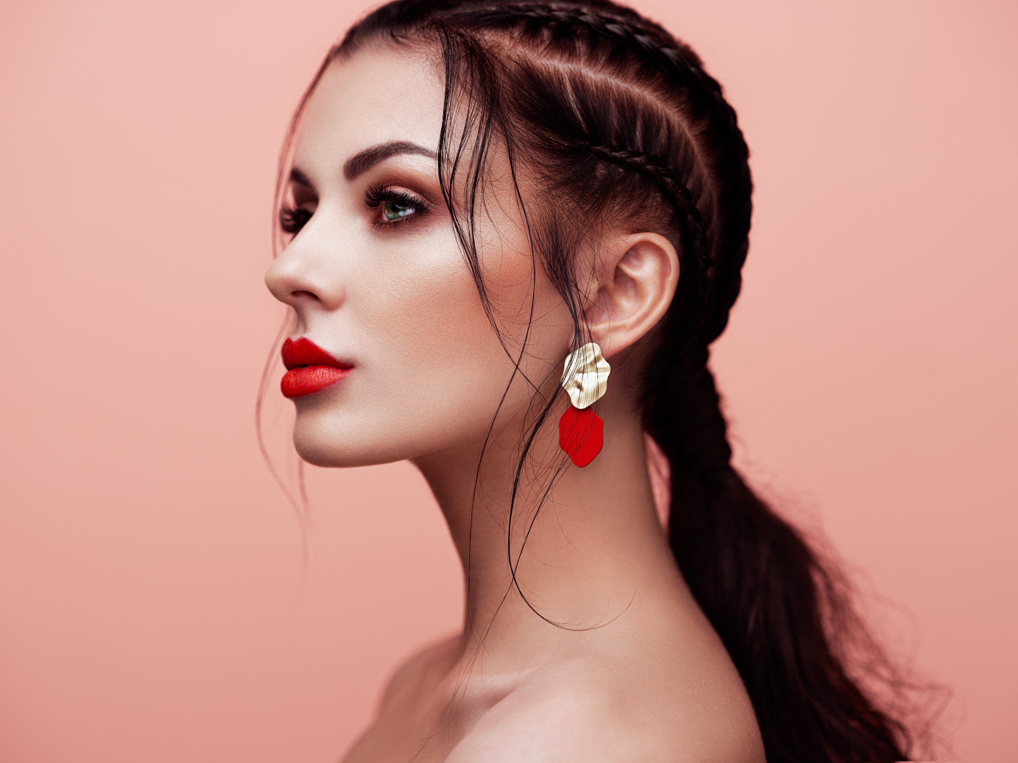 earring, makeup, dark hair, 1080P, lipstick, bare shoulders, braids, long hair, pink, simple background, portrait, glamour, women, pink background, eyeliner, HD Wallpaper