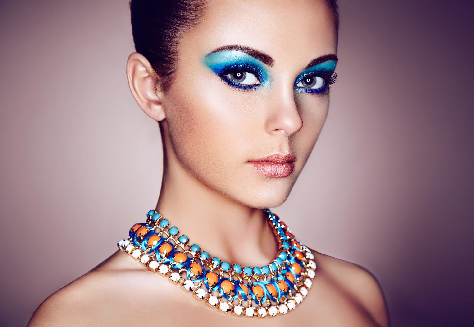 jewelry, eyeliner, necklace, Oleg Gekman, blue eyes, portrait, 1080P, eyeshadow, lipstick, dark hair, makeup, simple background, looking at viewer, glamour, HD Wallpaper