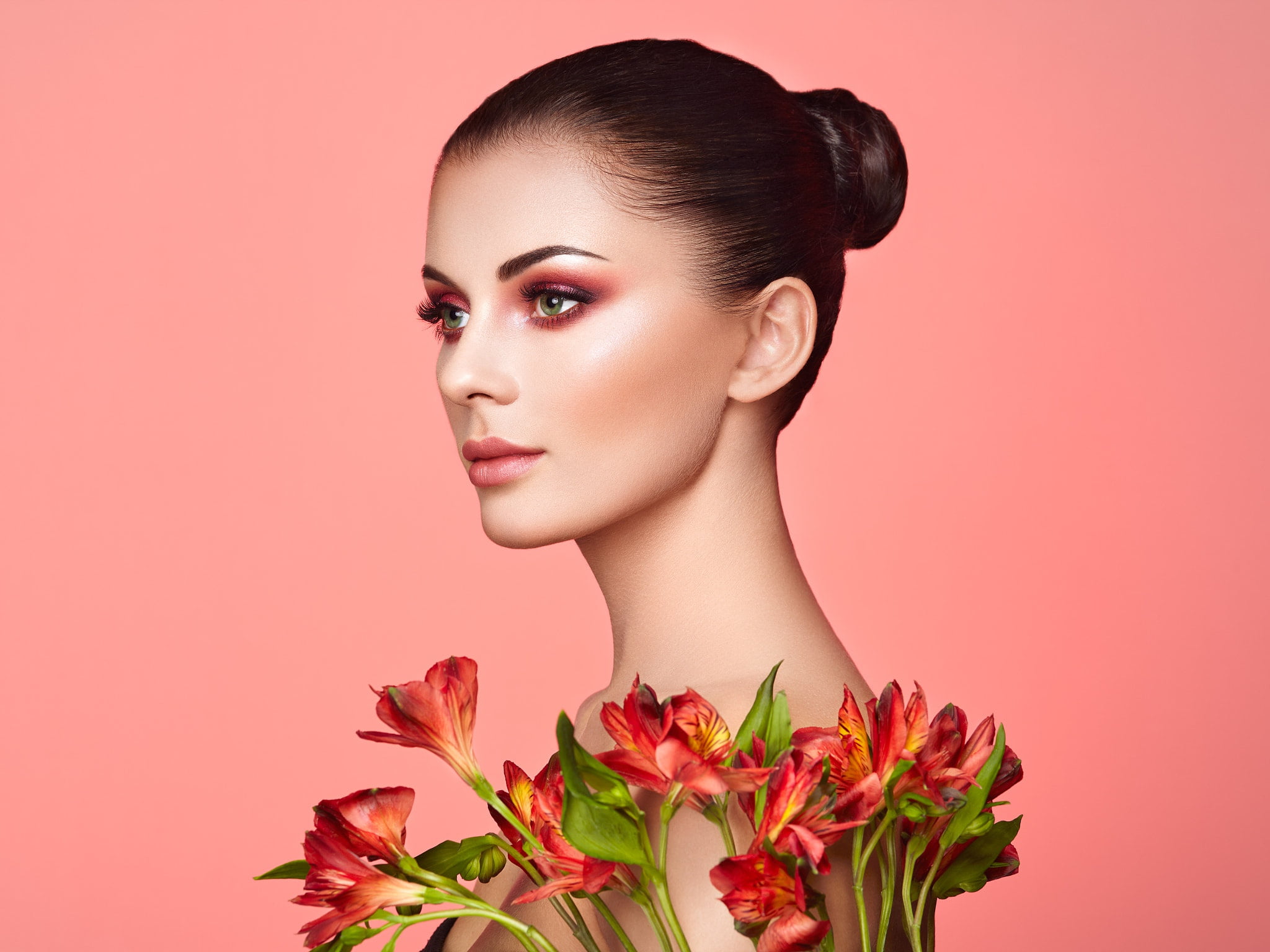 face, look, flowers, girl, makeup, portrait, 1080P, model, Oleg Gekman, HD Wallpaper