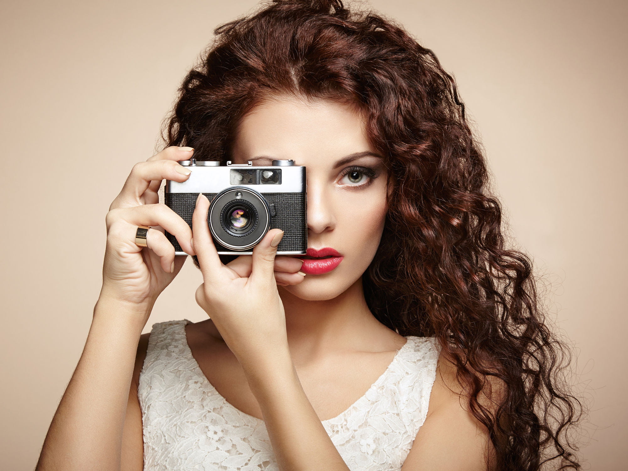 red lipstick, make up, women, curly hair, portrait, Oleg Gekman, long hair, camera, simple background, brunette, 1080P, HD Wallpaper
